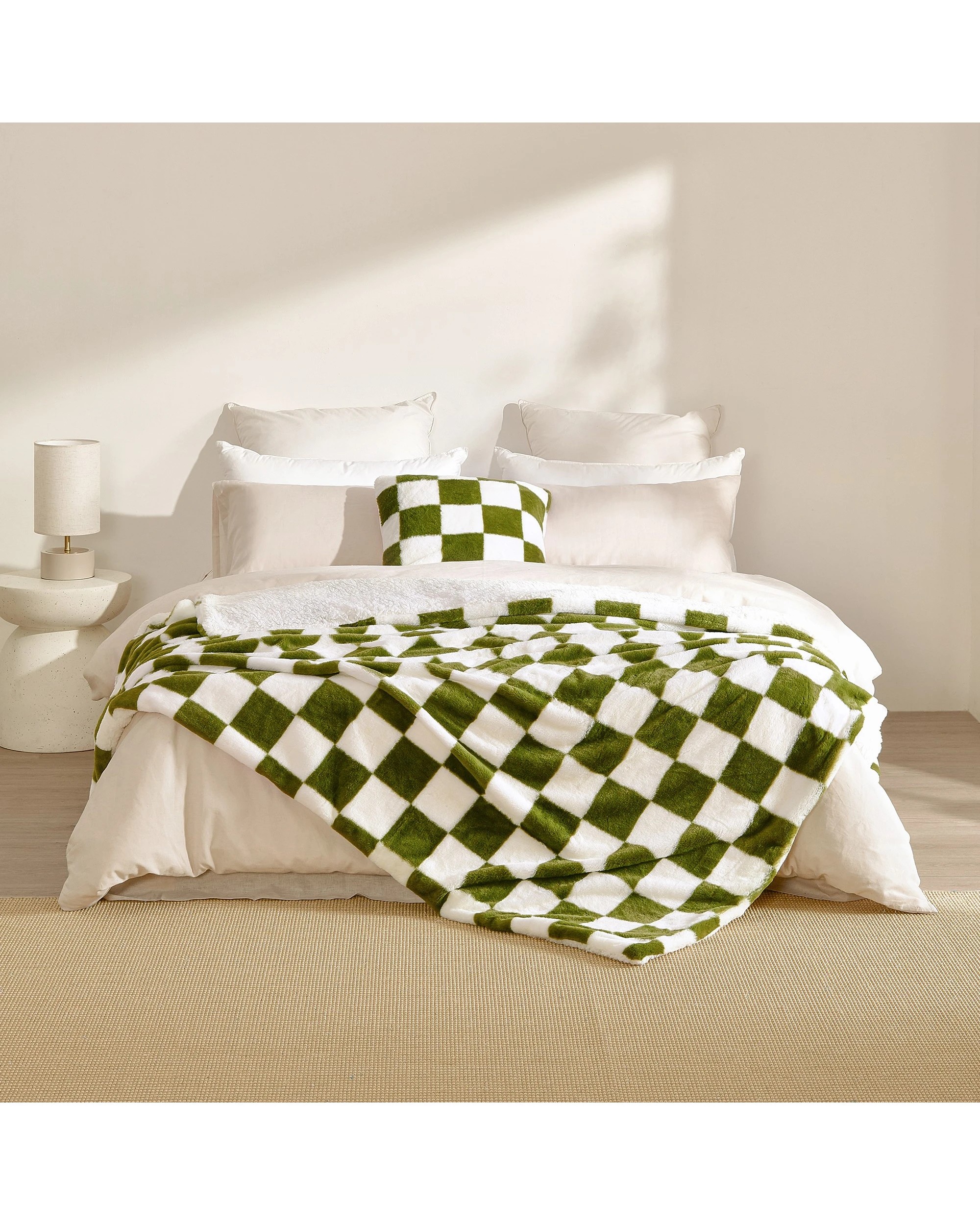 1 Dreamaker Checkered Plush Throw Blanket 180x200cm - Olive and Cream, 1 of 6