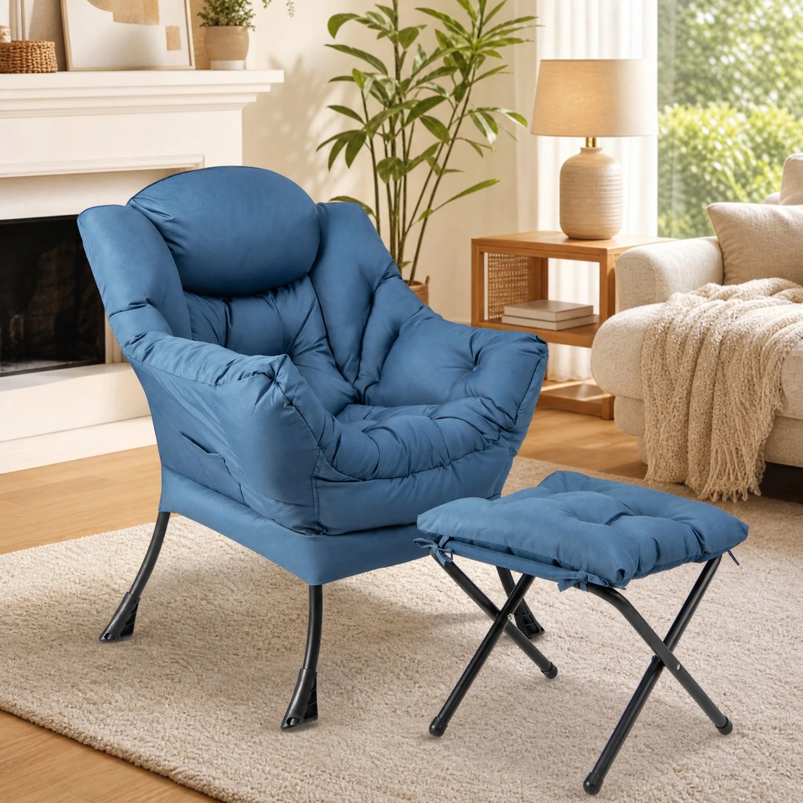 2 Costway Modern Armchair Lounge Chair Ottoman Upholstered Sofa Accent Chair w/Footstool - Blue, 2 of 6