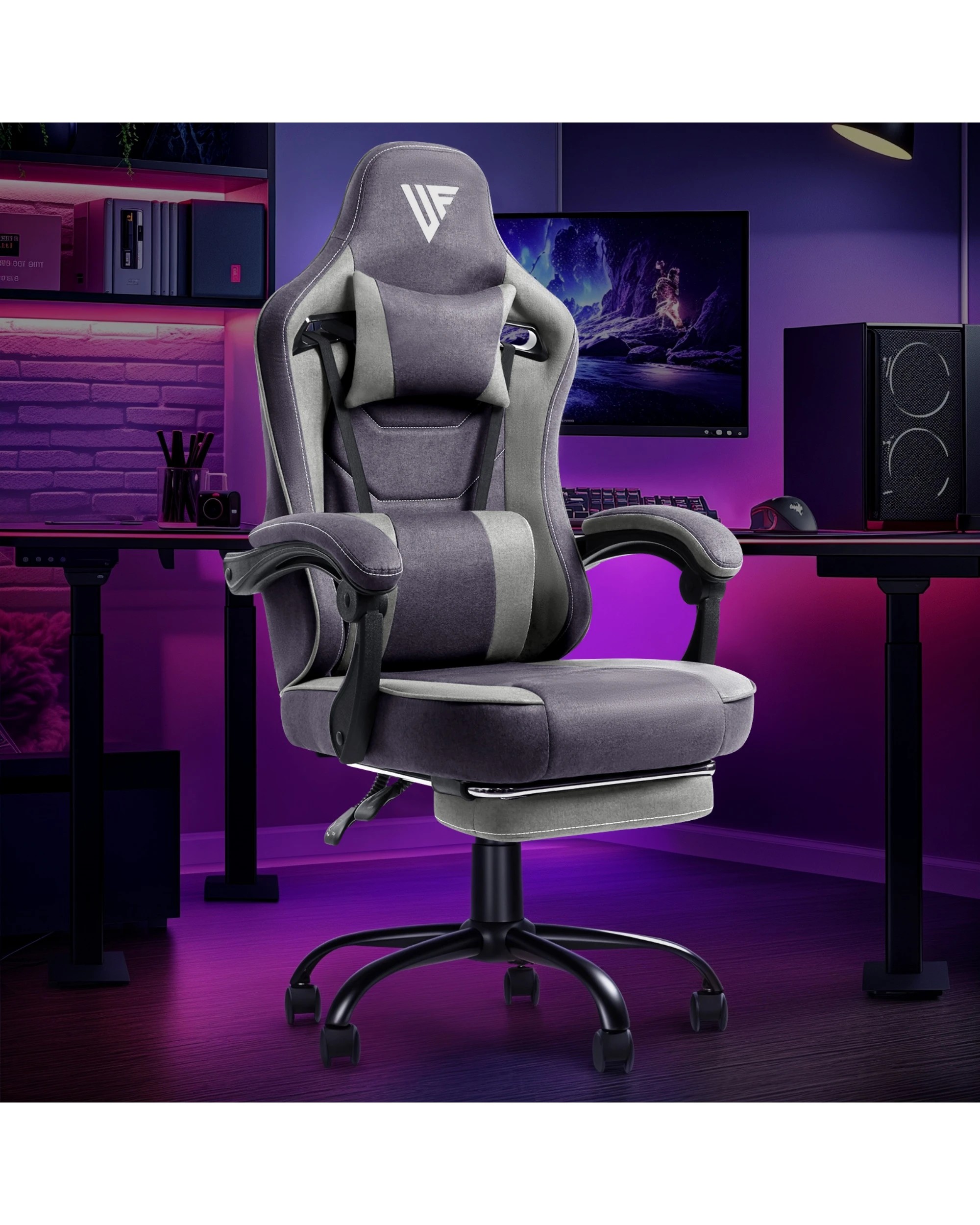 3 Advwin Gaming Chair With Footrest Linen Fabric Ergonomic - Grey, 3 of 3