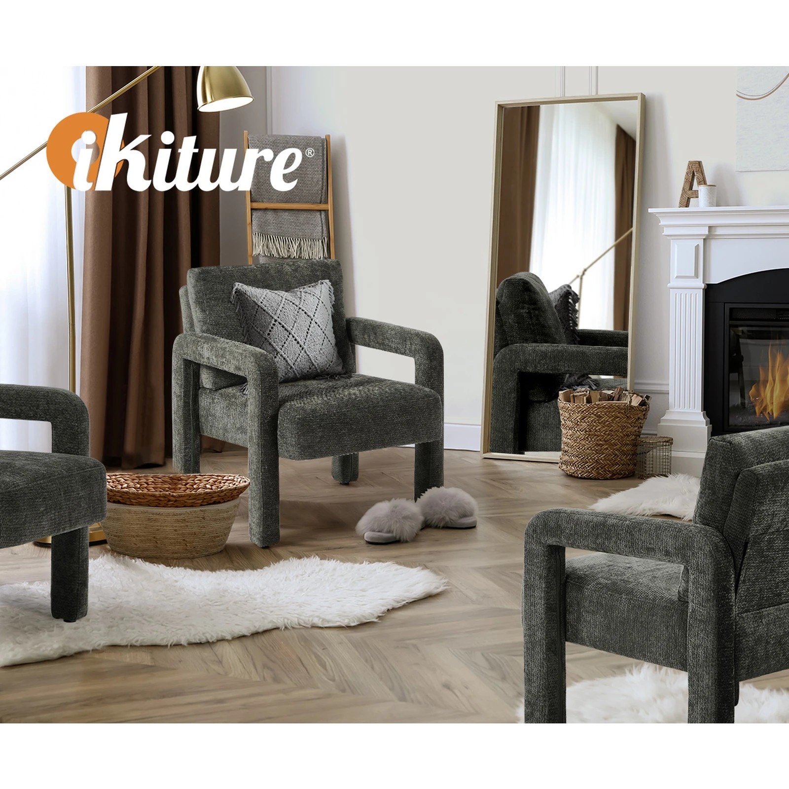 6 Oikiture Armchair Velvet Accent Chairs 1 Seater Lounge Sofa Chair - Grey, 6 of 10