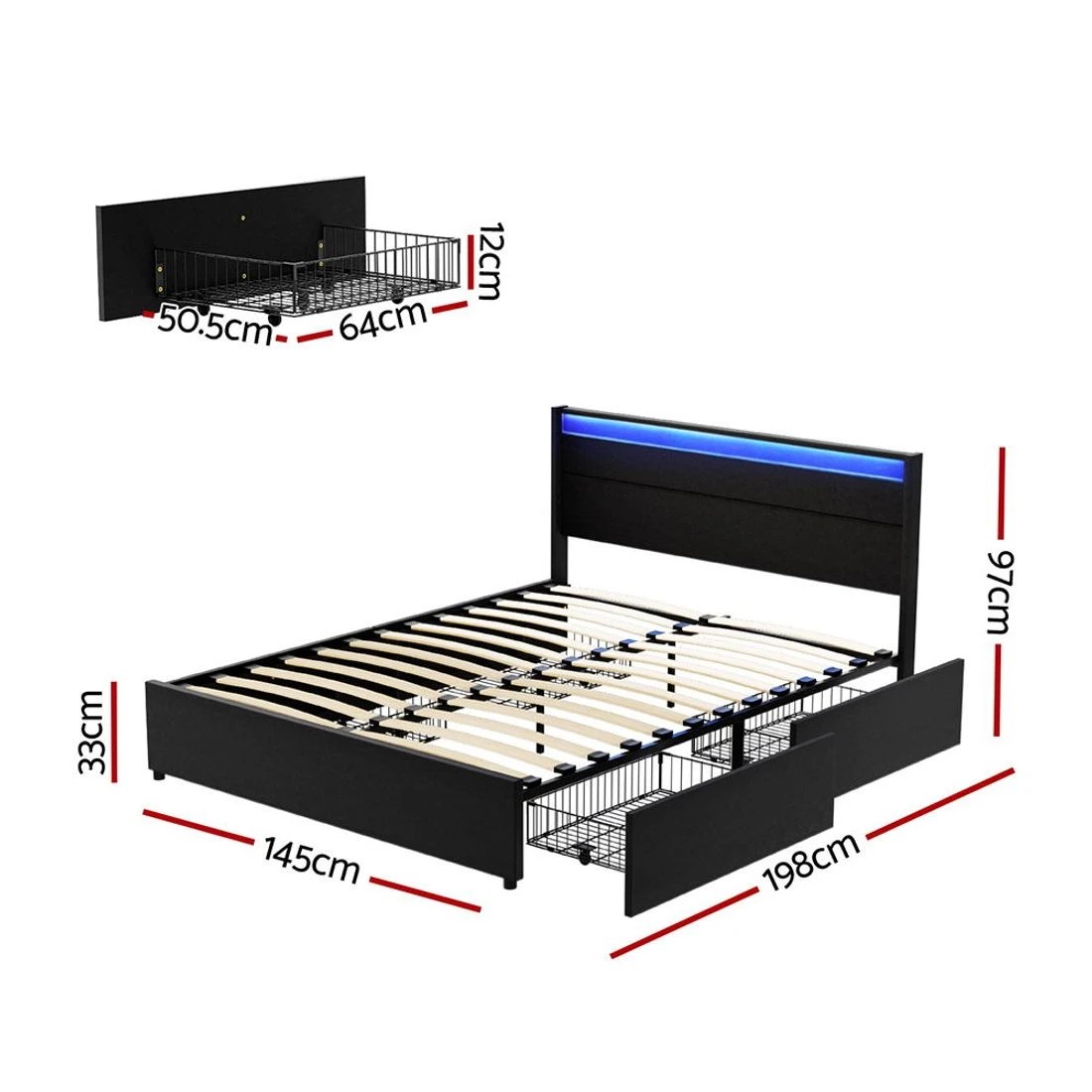 3 Artiss Bed Frame Double Size LED with 4 Drawers  DUNN - Black, 3 of 7