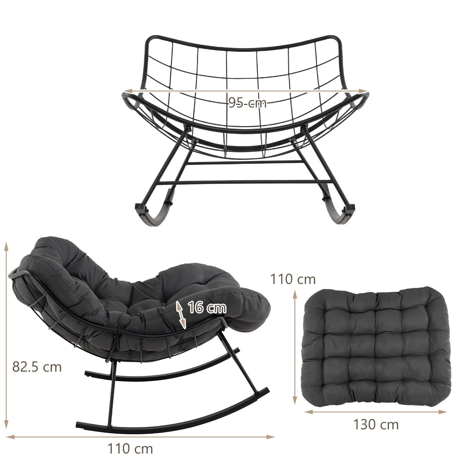 2 Costway Patio Rocking Chair Papasan Chair w/Padded Cushion Lounge Chair - Grey, 2 of 3