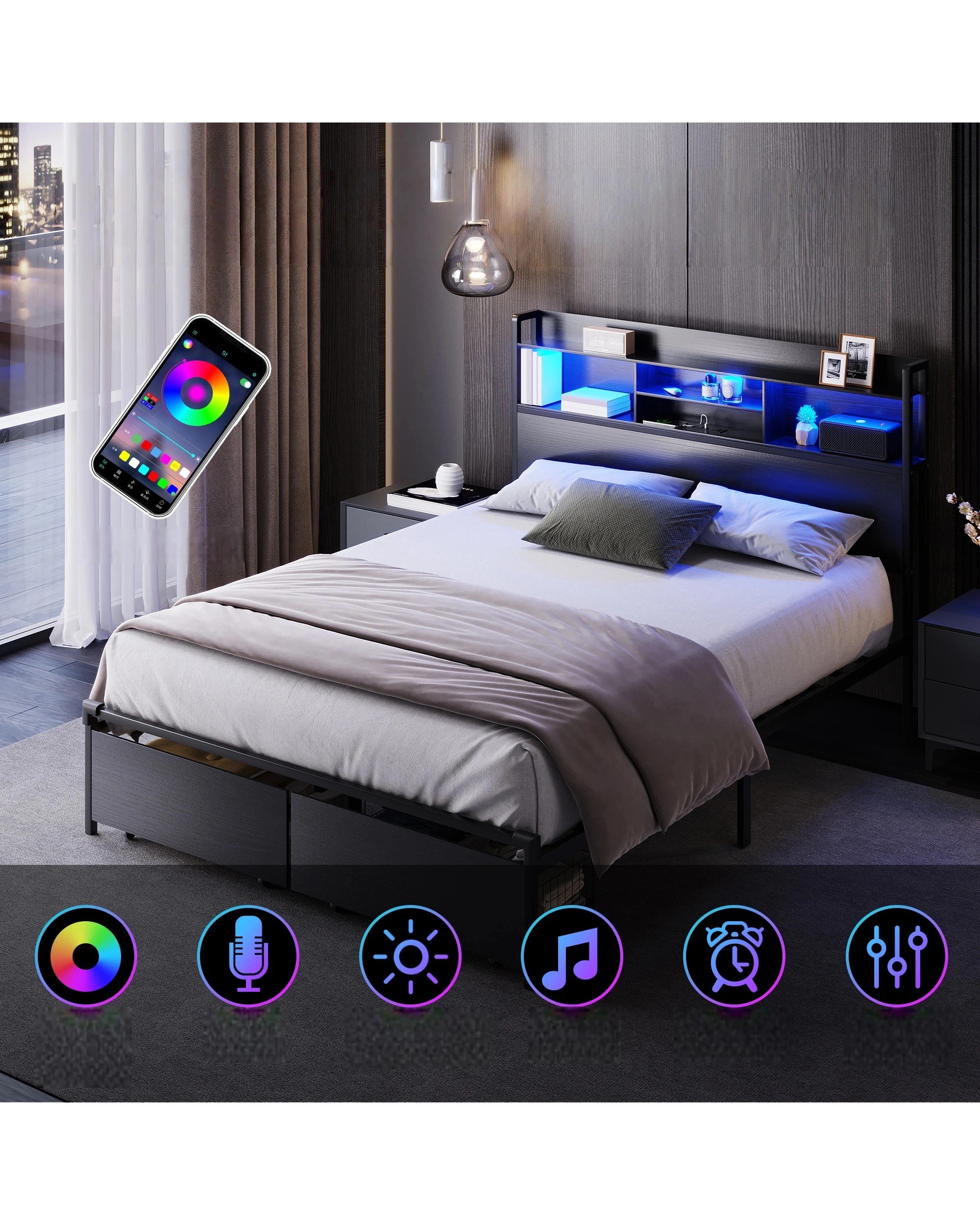 5 Advwin Queen Size Bed Frame with 2 Drawers Led Light & Charging Station Black, 5 of 7