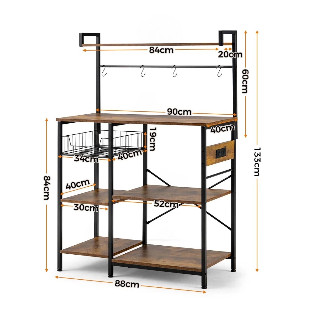 1 ZUNI Kitchen Bakers Rack Microwave Stand with Power Outlet & 4 S-Hooks - Brown, 1 of 1