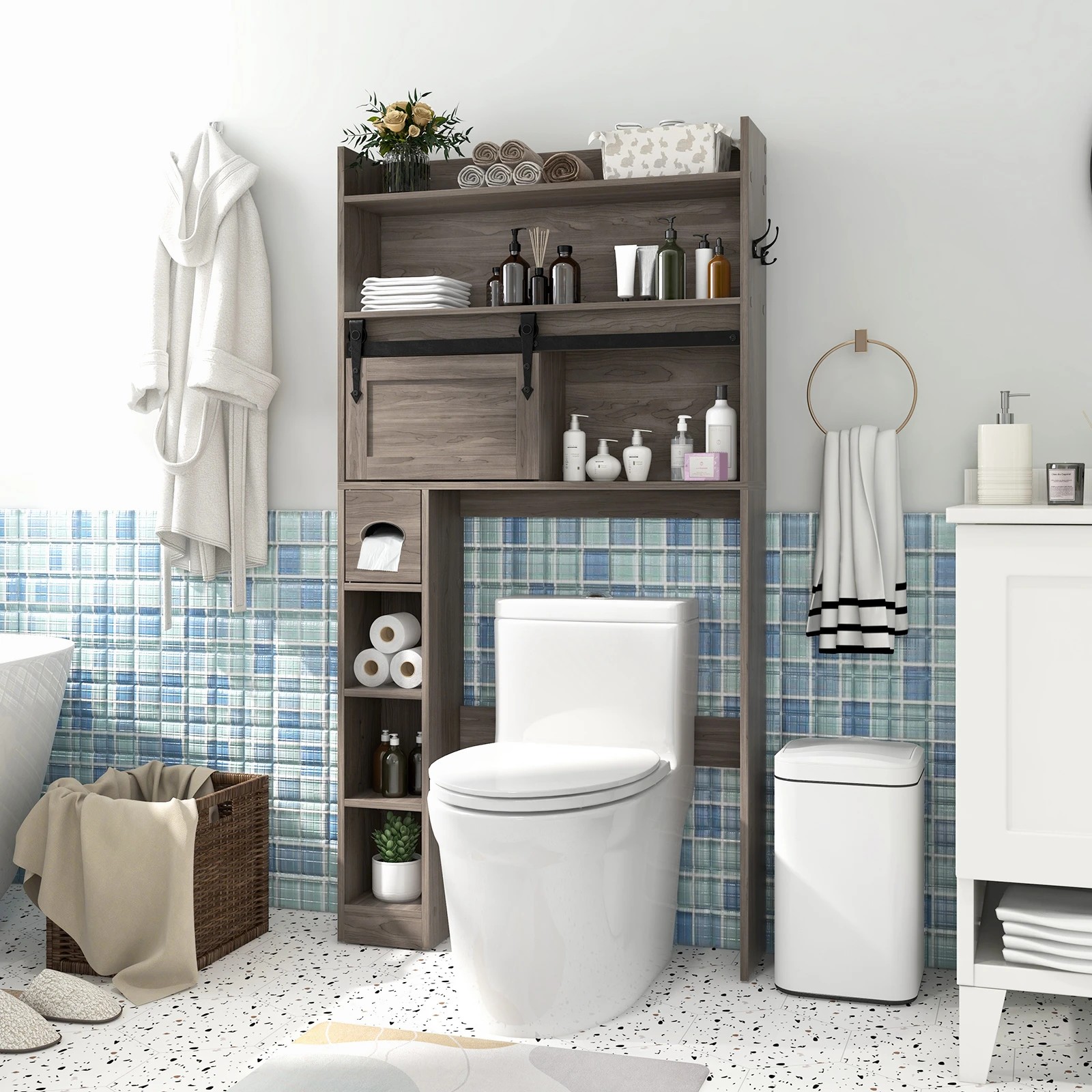 4 Costway Over the Toilet Bathroom Storage Cabinet Space-Saving Cupboard, 4 of 5