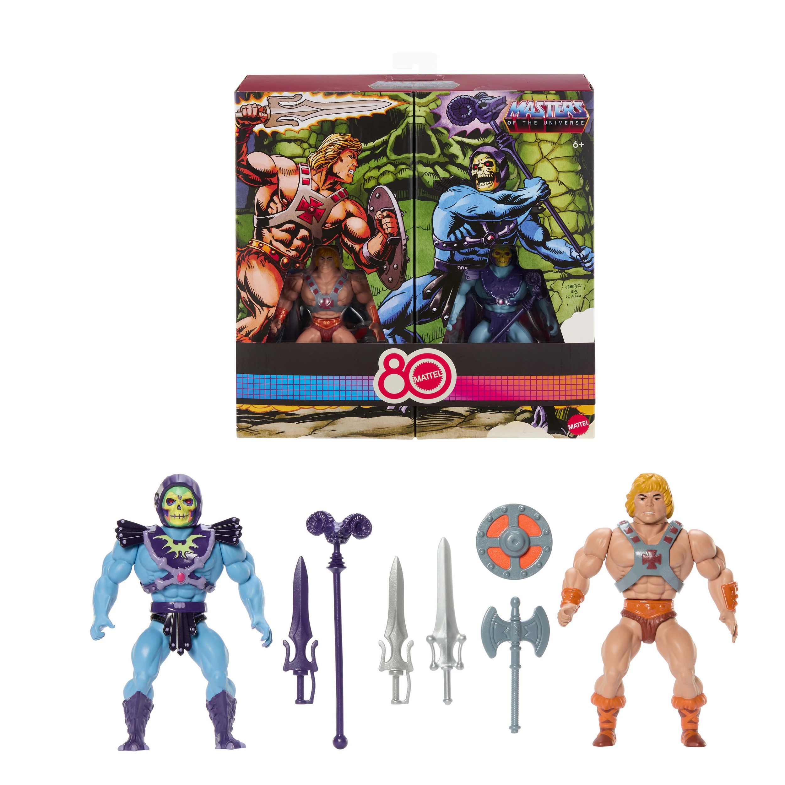 1 2 Pack Masters of the Universe Origins Retro Mattel 80th Anniversary Punching He-Man and Skeletor, 1 of 6