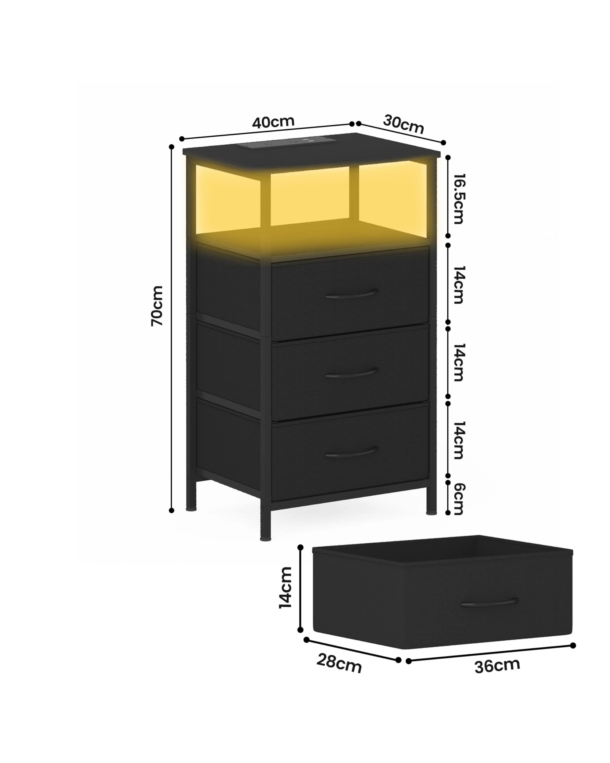 2 Advwin Led Bedside Table Set Of 2 With Charging Station 3 Fabric Drawers Nightstand
 - Black, 2 of 6