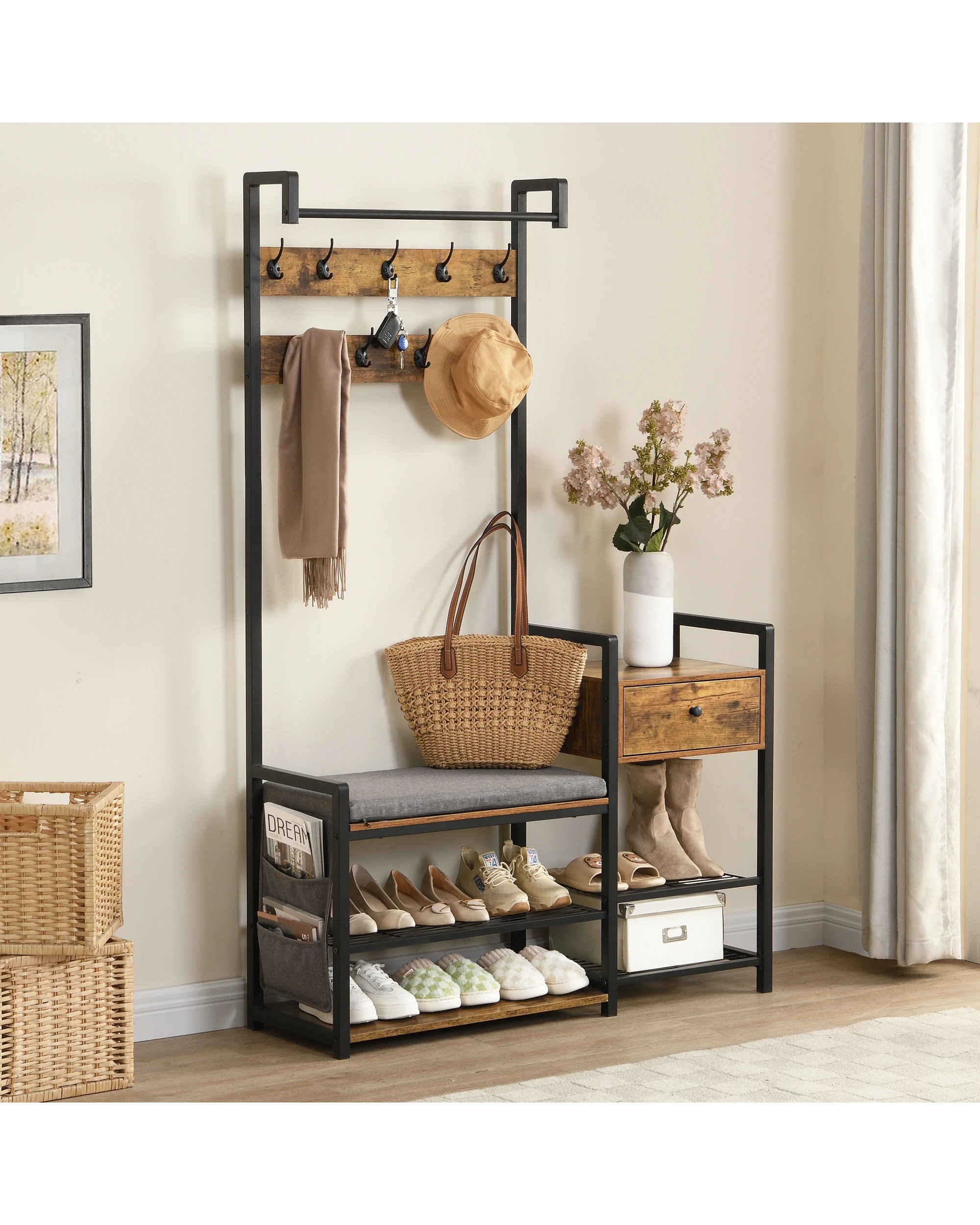 2 IHOMDEC 6-in-1 Coat Rack Shoe Bench - Brown, 2 of 5