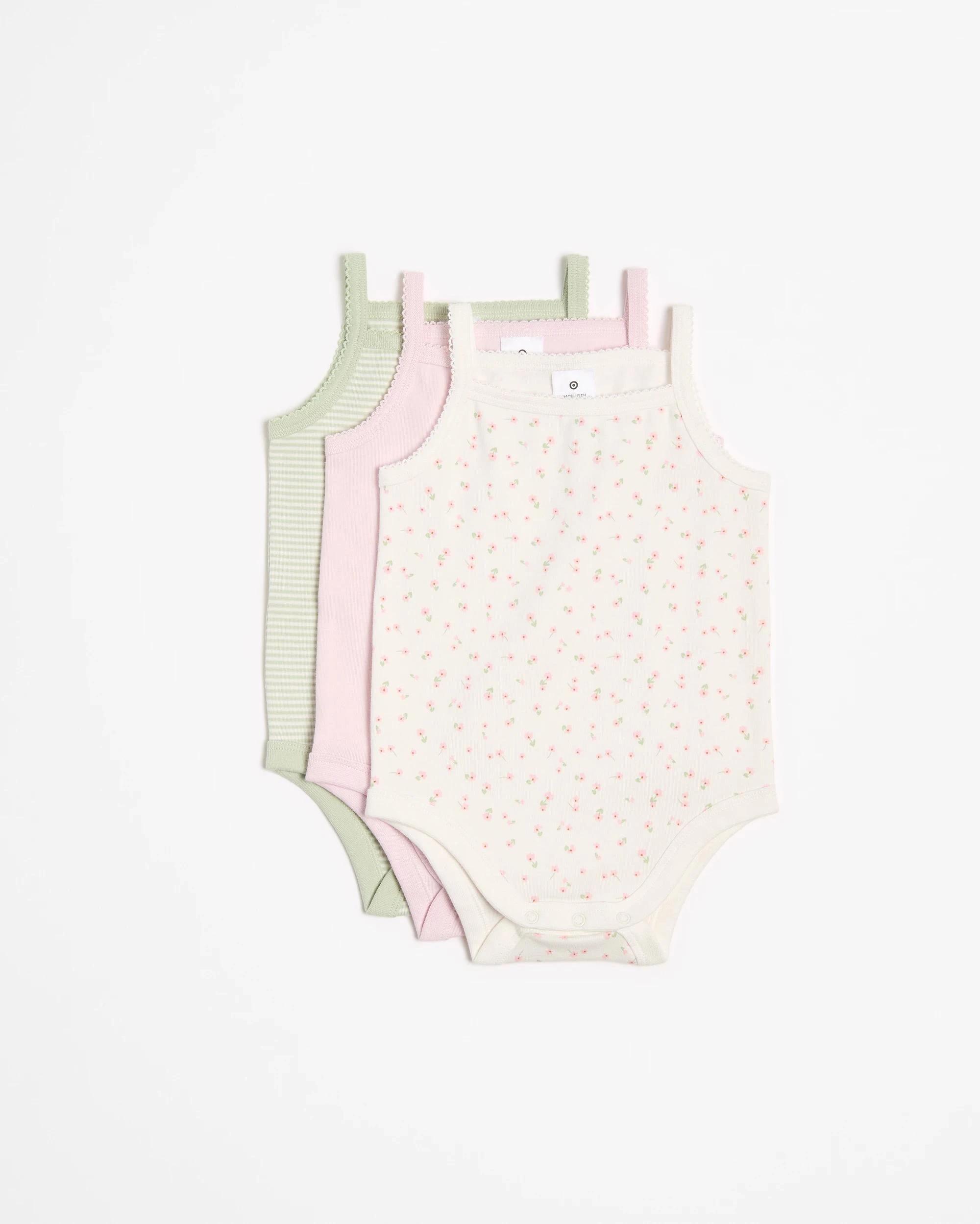 1 Target Baby Baby Organic Cotton Print Bodysuit 3 Pack DAISY/PINK/GREEN STRIPE, 1 of 6
