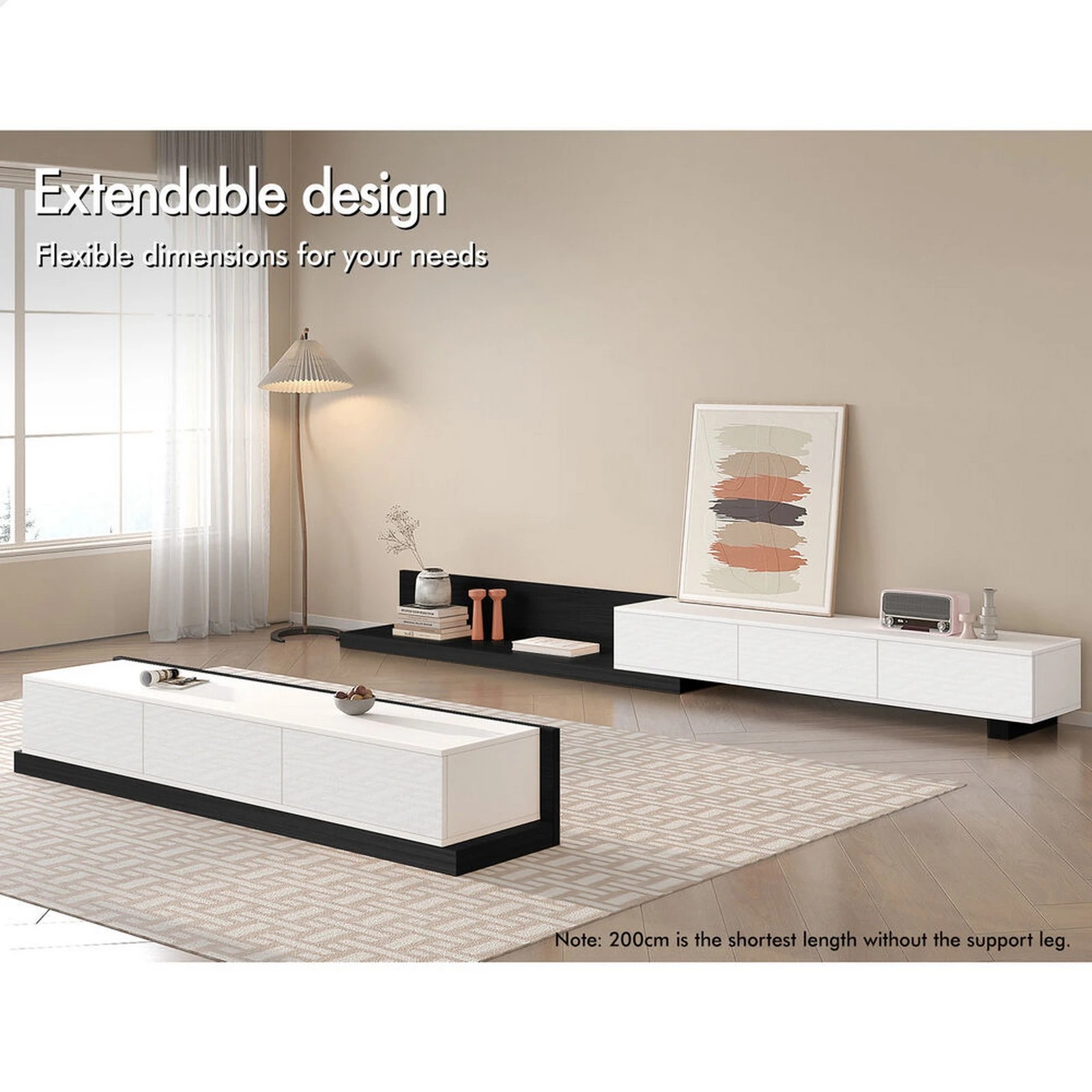 2 Alfordson 200-380cm Extendable Entertainment Unit TV Cabinet Stand Storage Shelf - Black White, 2 of 8