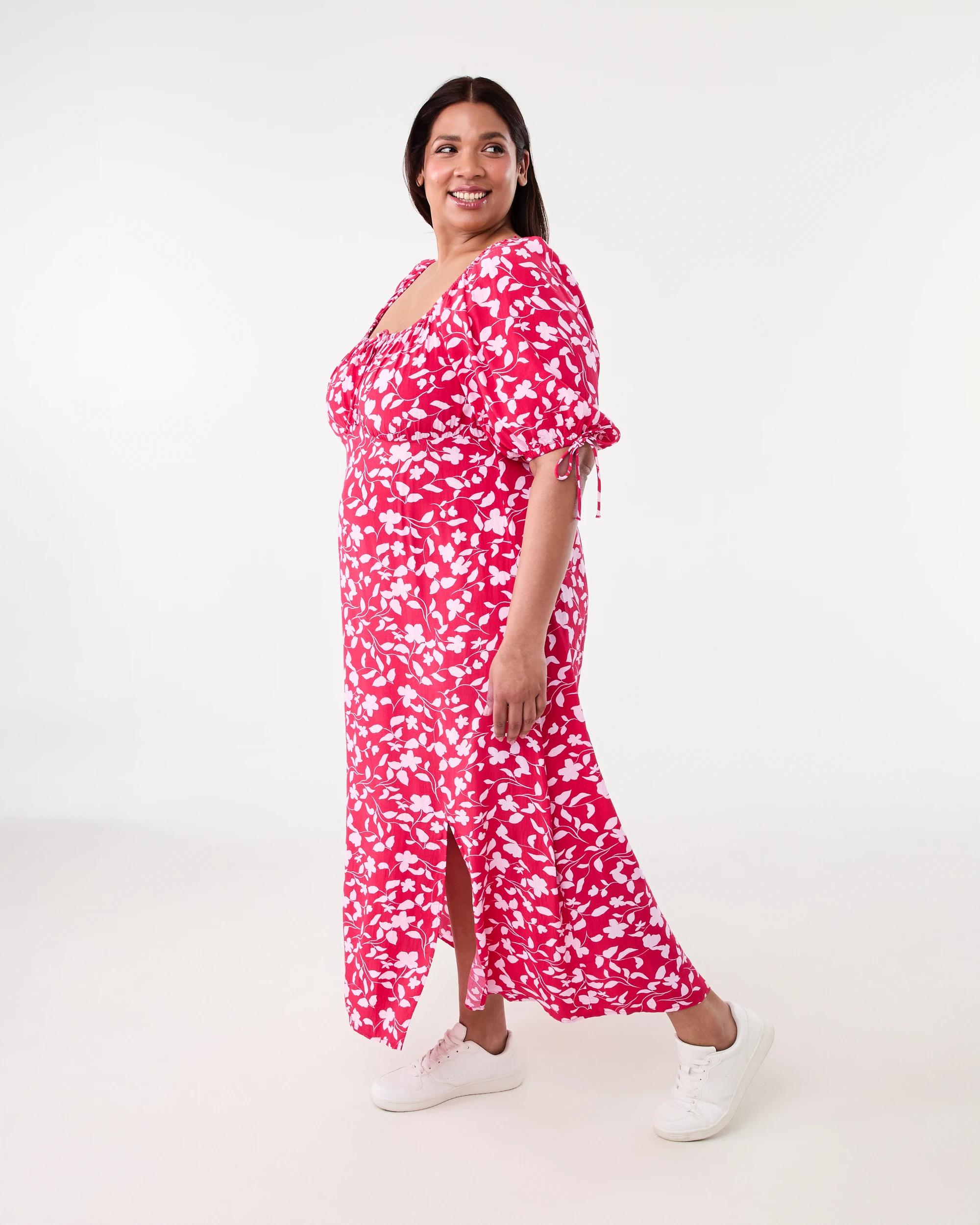 2 Curve Short Sleeve Square Neck Midi Dress Red Flrl, 2 of 6