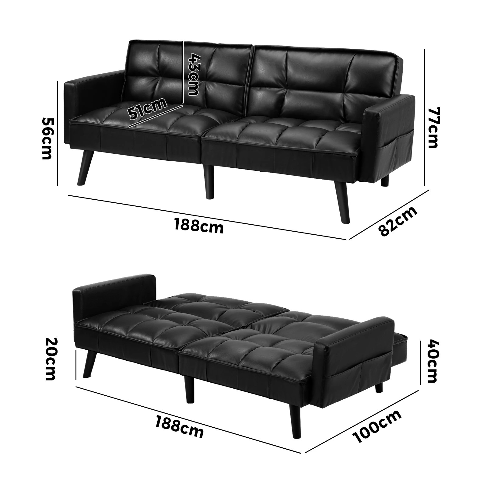 10 Oikiture Sofa Bed Futon Convertible Leather Lounge Couch 3-seater Recliner
 - Black, 10 of 10