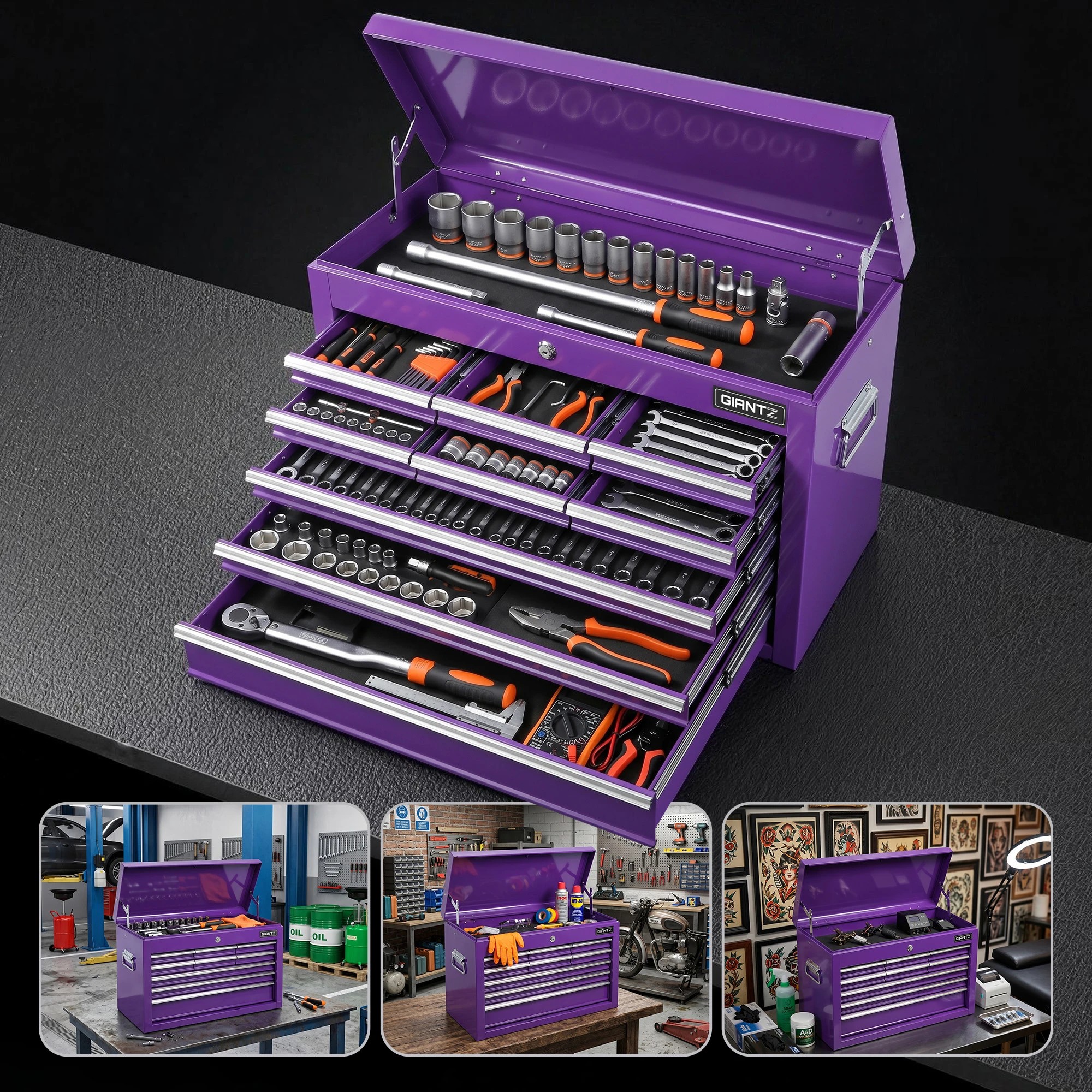 8 Giantz 9-Drawer Tool Cabinet Chest Toolbox Heavy Duty Garage Storage Organiser - Purple, 8 of 9