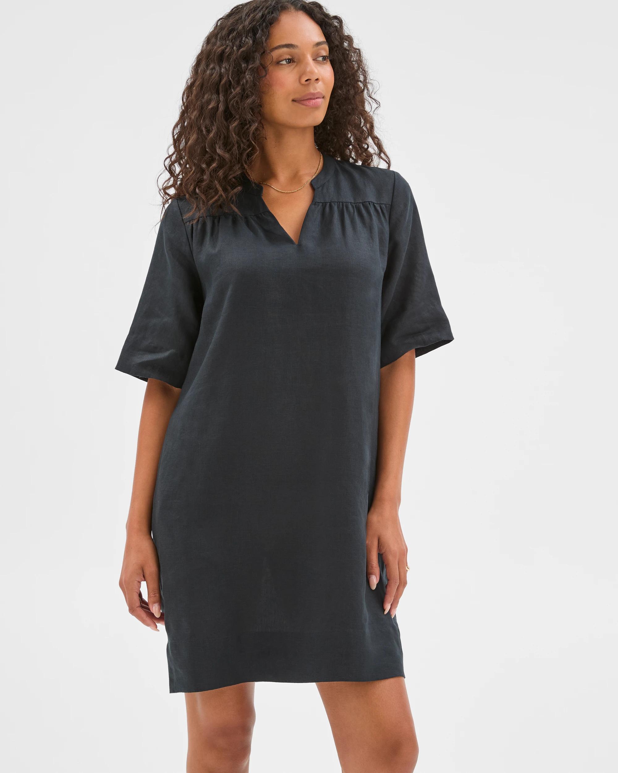5 Target Woman European Linen Short Sleeve V-Front Mini Dress BLACK, 5 of 6