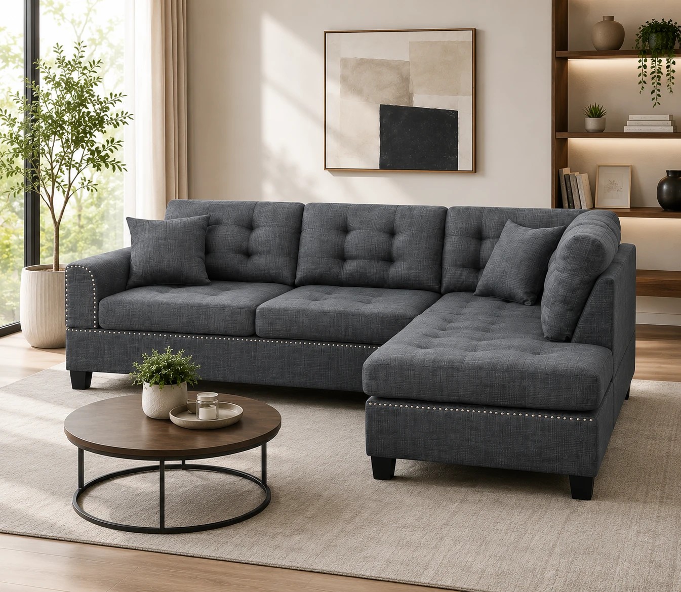 3 Foret 263cm L Shape Fabric Corner Sofa Chaise Lounge 4/5 Seater Dark Grey, 3 of 8