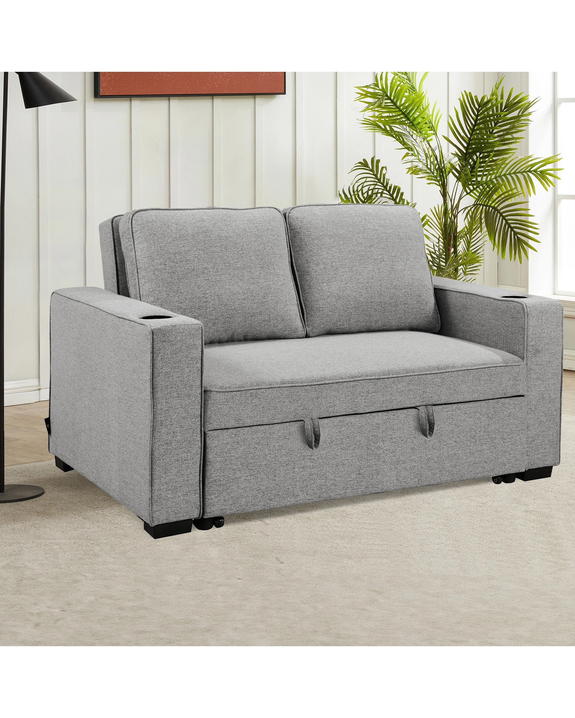 9 Sarantino Hoffman Linen Sofa Bed With Cushions And Cup Holders Light Grey, 9 of 10