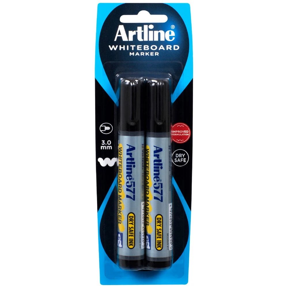 1 Artline 577 Whiteboard Markers Bullet Black 2 Pack, 1 of 3