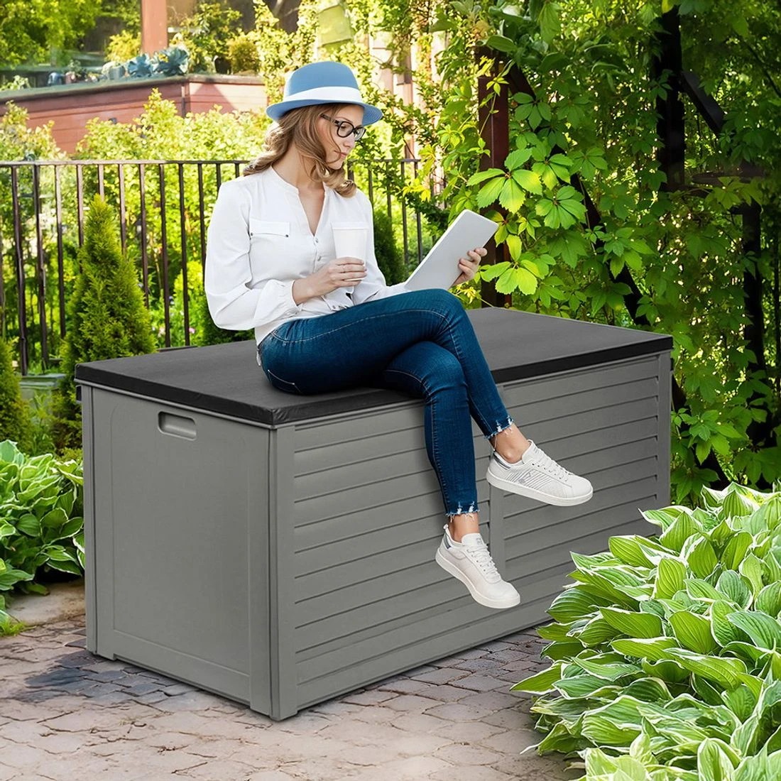 8 Gardeon Outdoor Storage Box 490L Container Lockable Garden Bench Tools Toy Shed - Black, 8 of 8