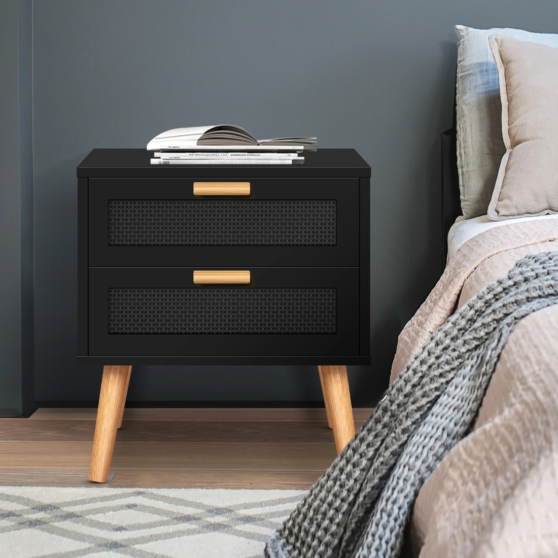 5 Alfordson Bedside Table Nightstand Side Storage Cabinet Boho Rattan - Black, 5 of 10