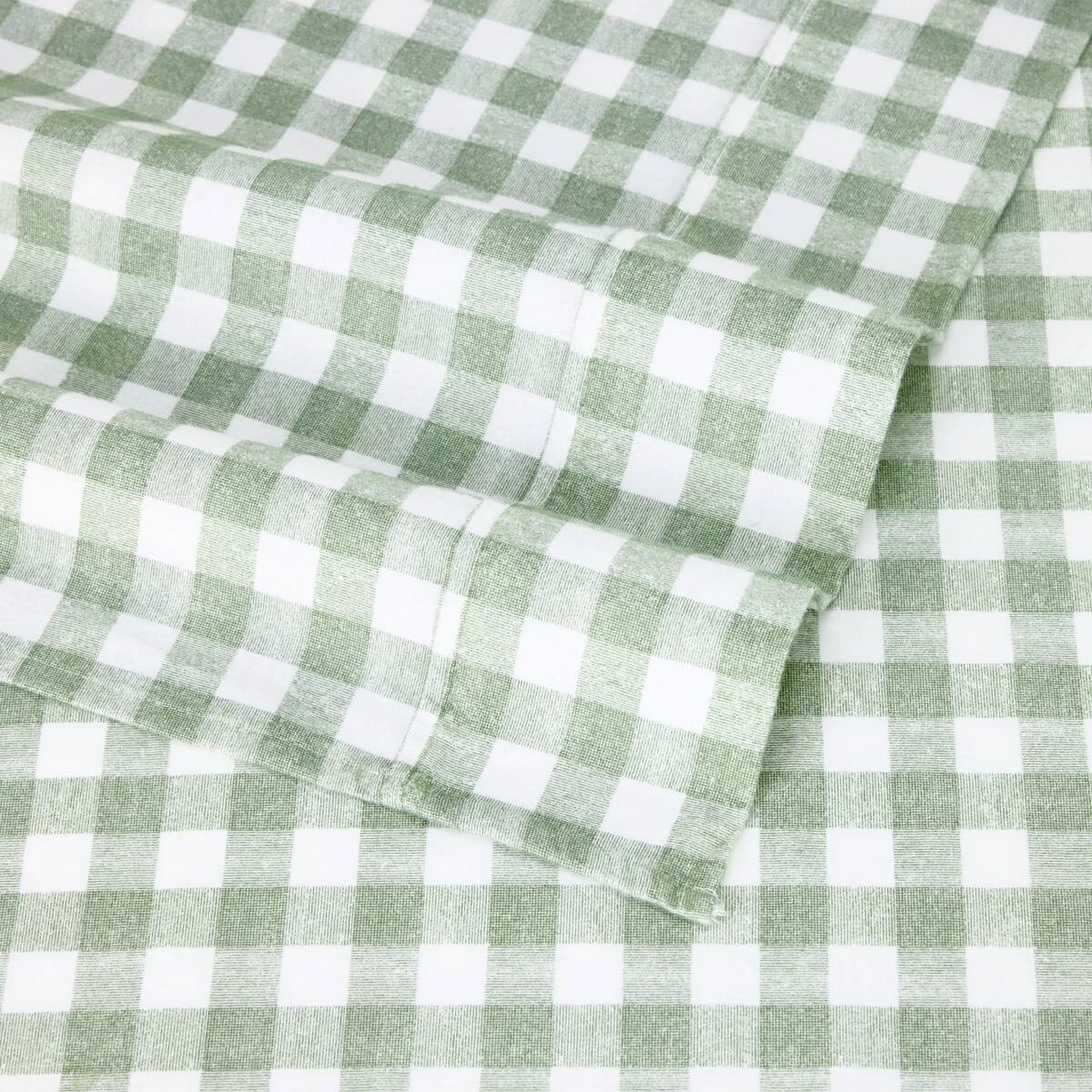 4 Gingham Cotton Flannelette Sheet Set - Single Bed, Green, 4 of 7
