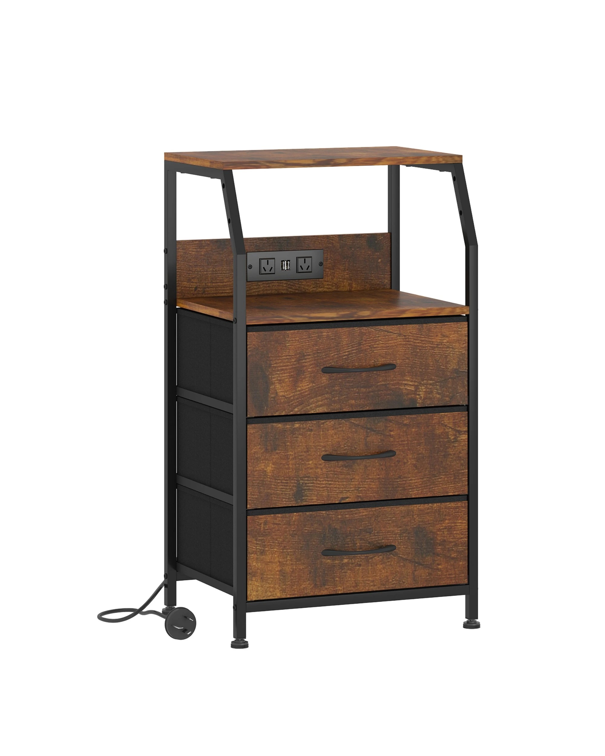 1 Advwin Bedside Table with Charging Station 3 Fabric Drawers - Brown, 1 of 7