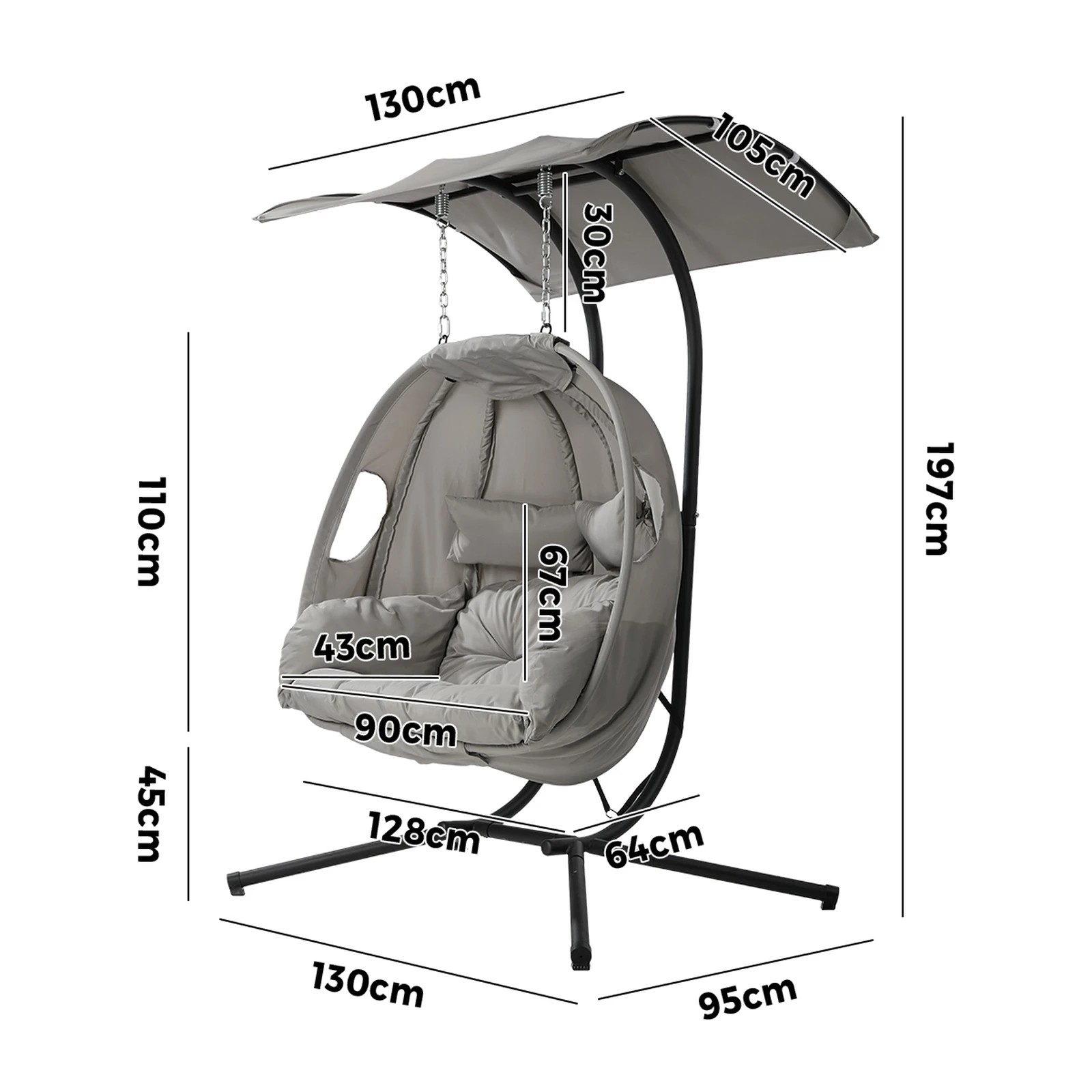 2 Livsip Egg Swing Chair 2 Seater Patio Lounge with Adjustable Canopy - Grey, 2 of 8
