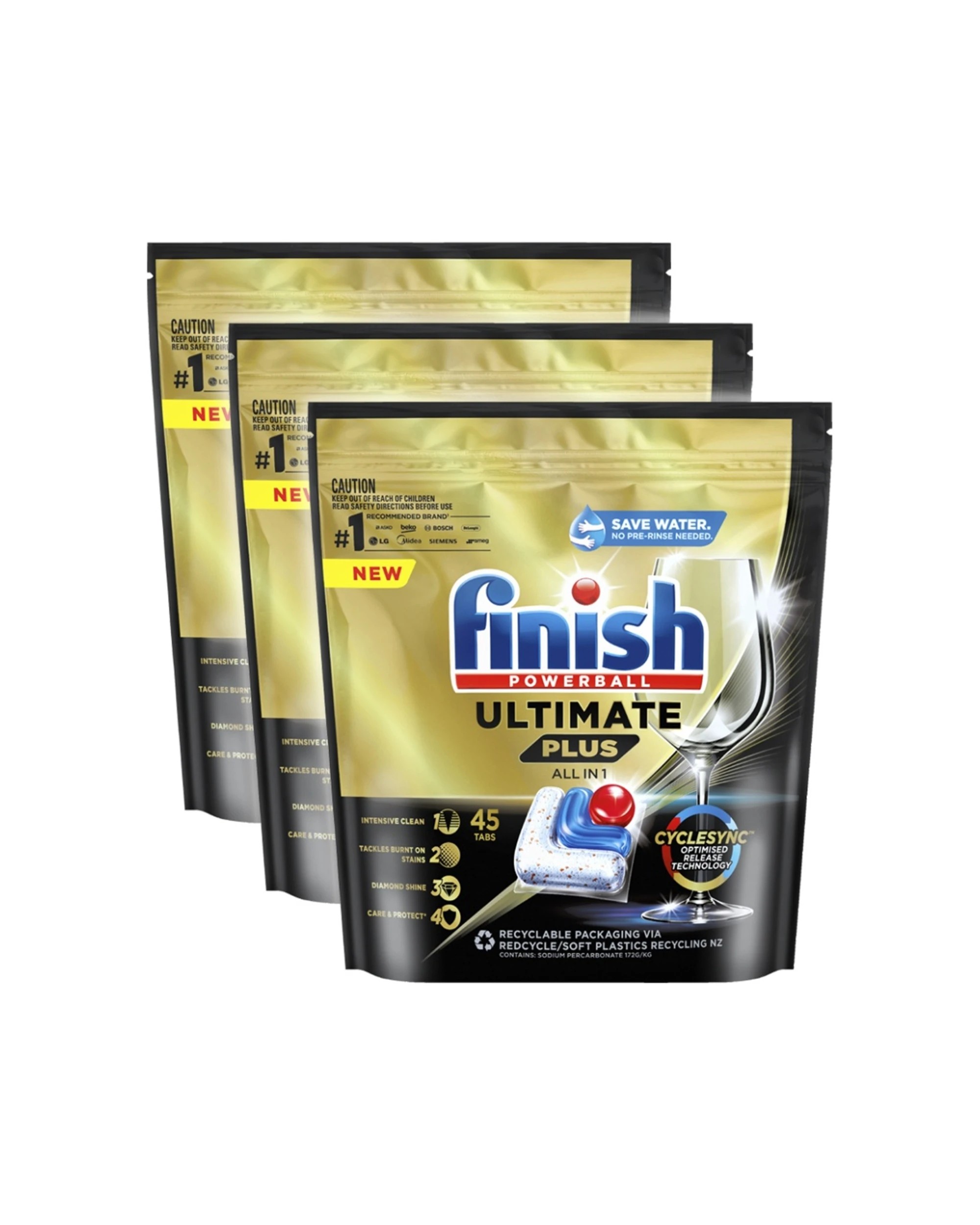 1 Finish Powerball Ultimate Plus All In 1 Dishwashing Tablets 3 x 45PK, 1 of 3