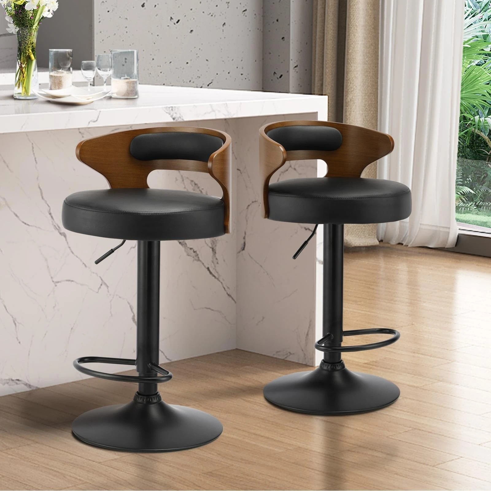 3 Oikiture Set Of 4 Bar Stools Kitchen Gas Lift Swivel Chairs Wooden Barstool
 - Black, 3 of 10