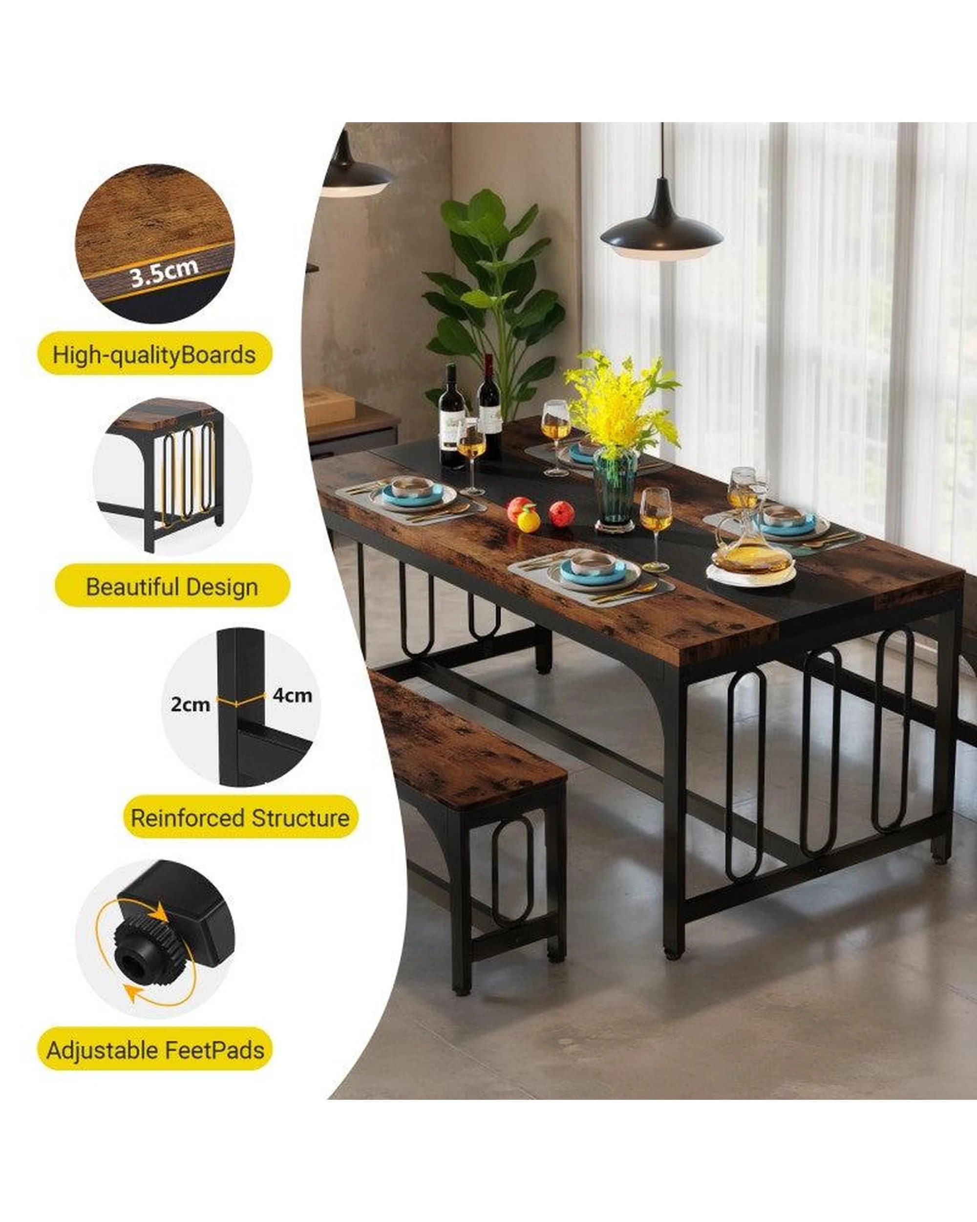 6 OAKORY 3-Piece Dining Table Set for 4, Farmhouse Kitchen Table with 2 Benches for Small Space Brown, 6 of 7