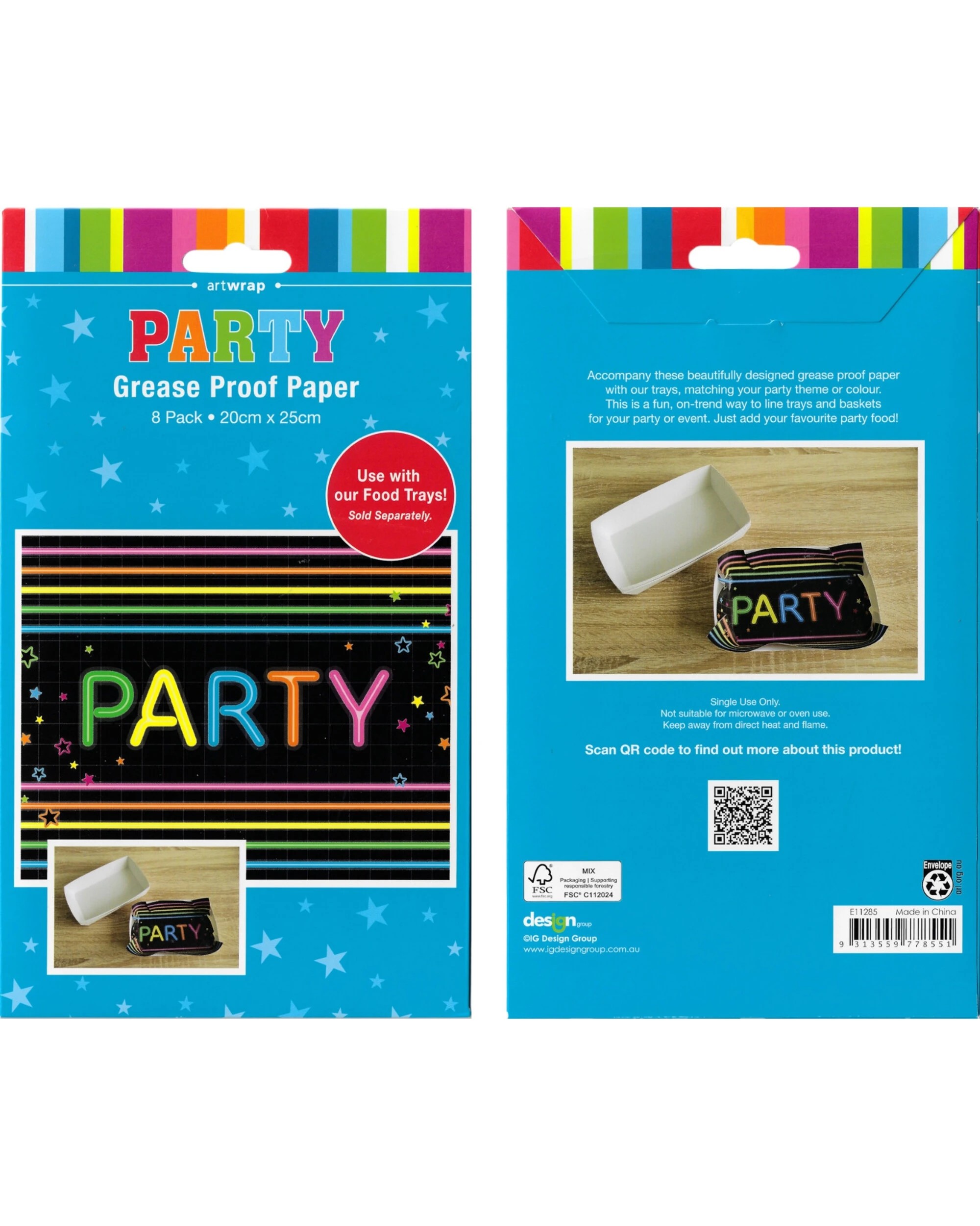 5 Artwrap Neon Party Grease Proof Paper Plate Tray Liners 8 Sheets - Multi, 5 of 5