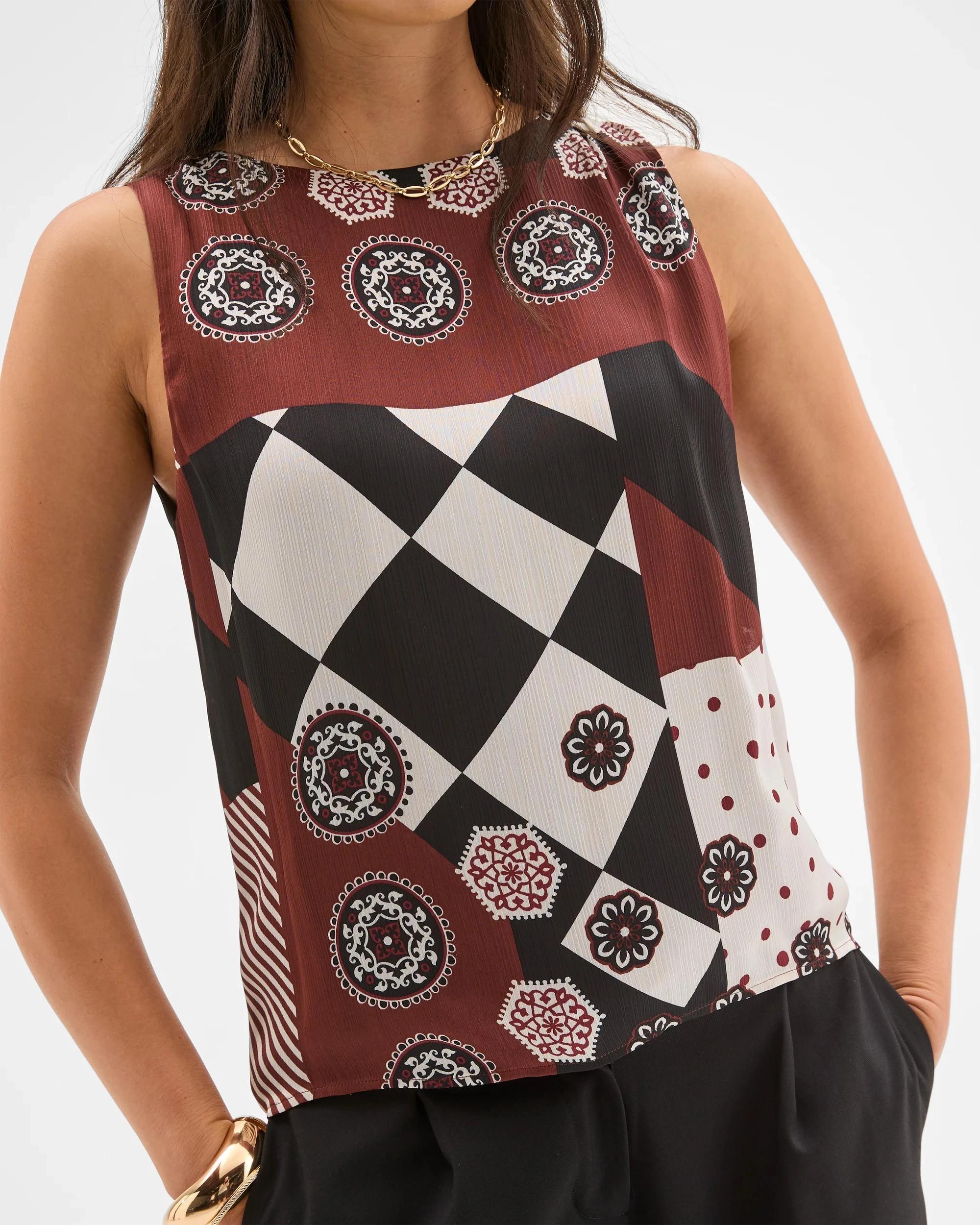 3 Preview Sleeveless Shoulder Pleat Detail Blouse SPLICED PRINT, 3 of 9