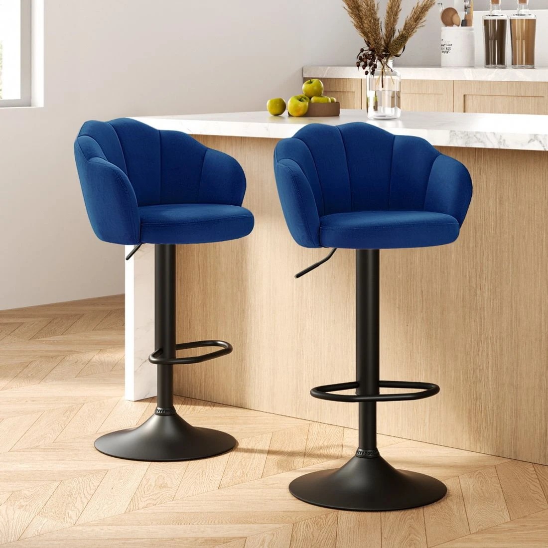 3 Artiss 2x Bar Stools Gas Lift Velvet - Blue, 3 of 5