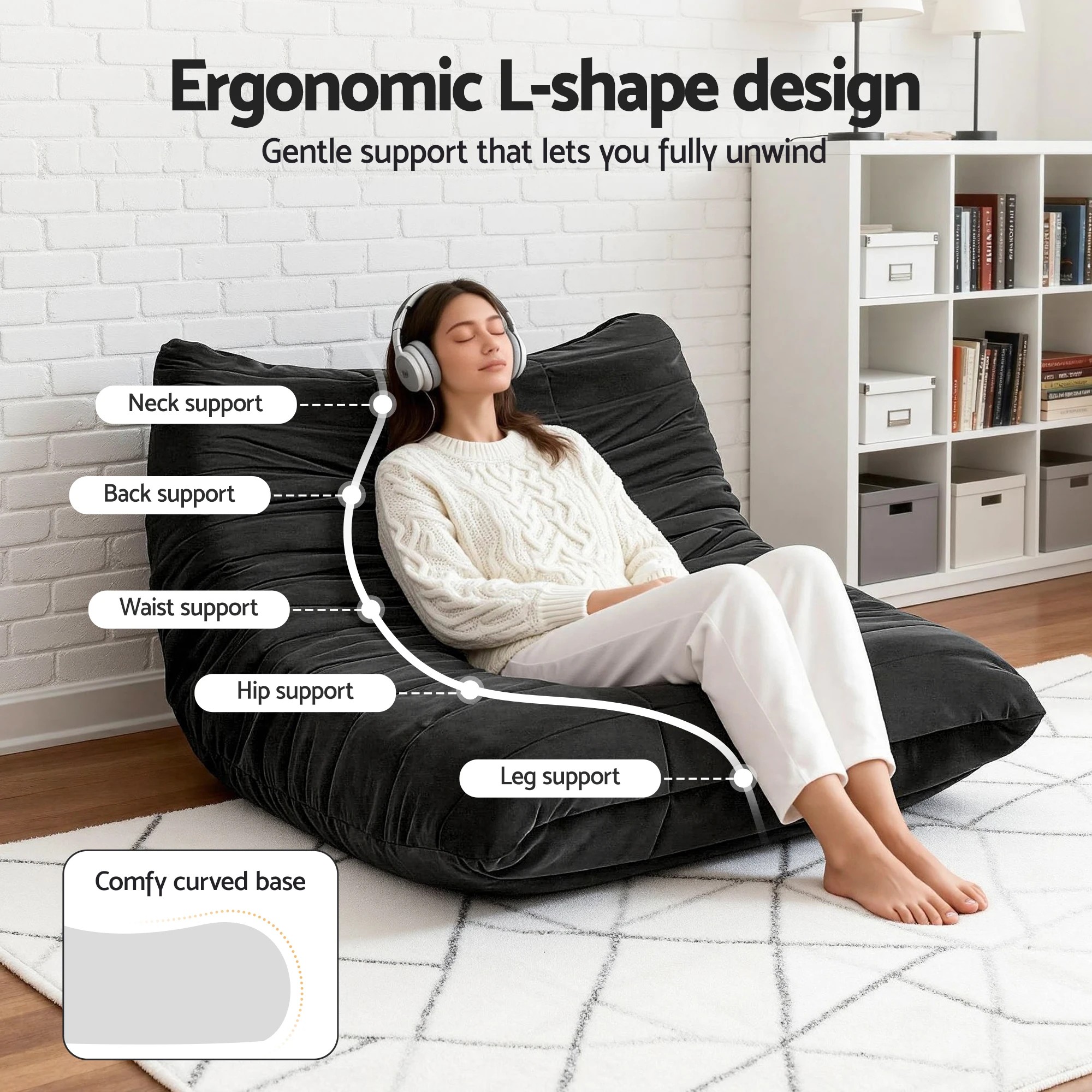 3 Artiss Lazy Sofa 2 Seaters Accent Caterpillar Chair Floor Couch Armless - Black, 3 of 7