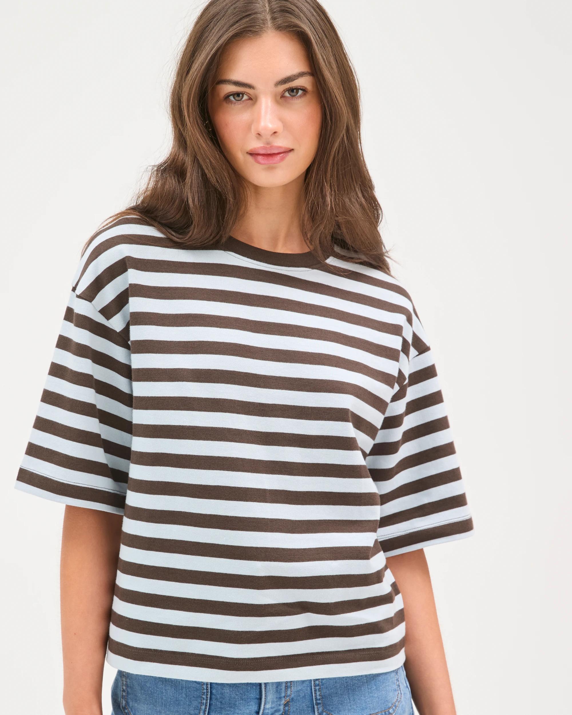 5 Target Petites Australian Cotton 3/4 Wide Sleeve Boxy T-Shirt BLACK COFFEE/BLUE MIST STRIPE, 5 of 7