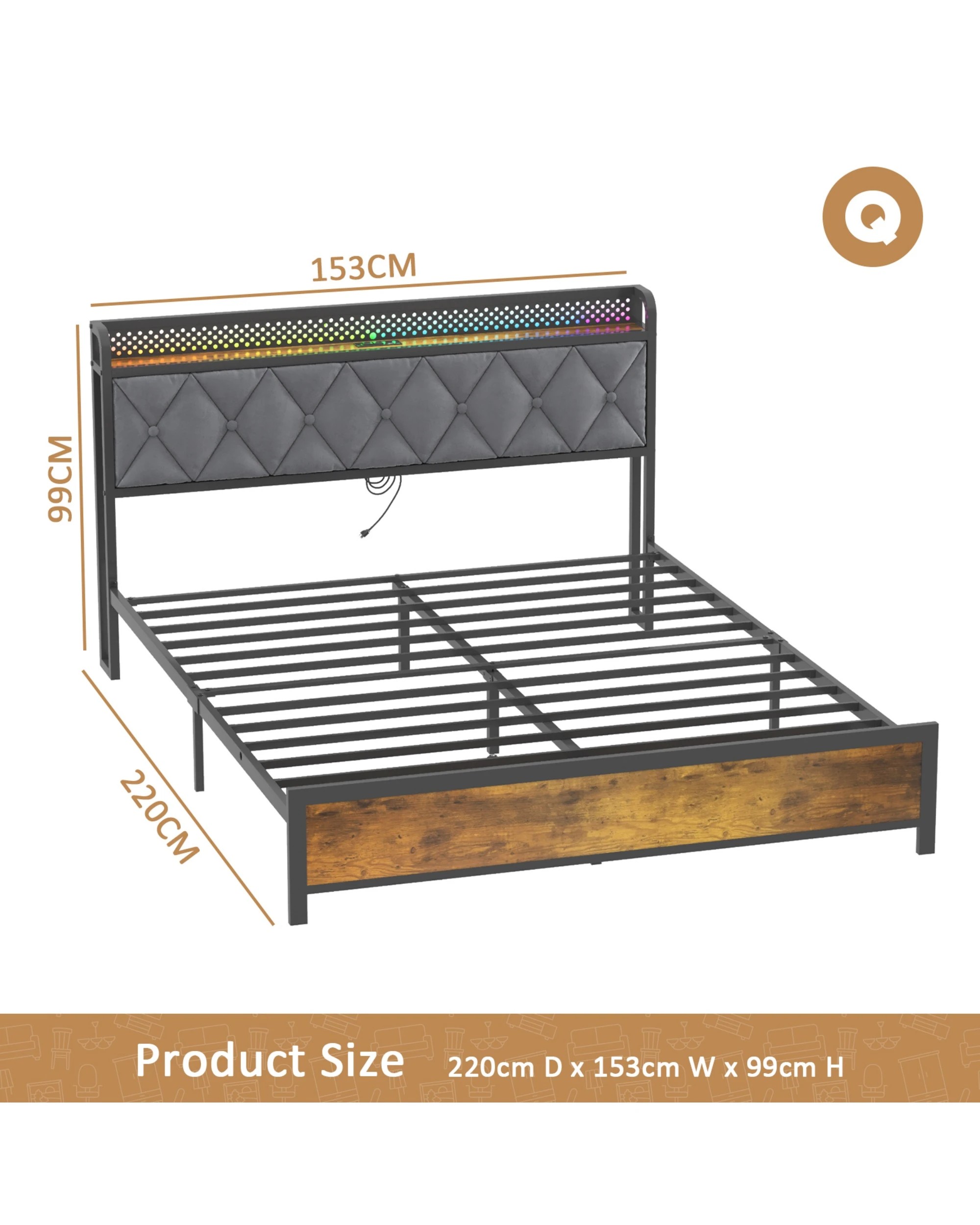 3 Advwin Queen Bed Frame With Charging Station And Rgb Led Lights Storage Headboard Shelf, 3 of 8