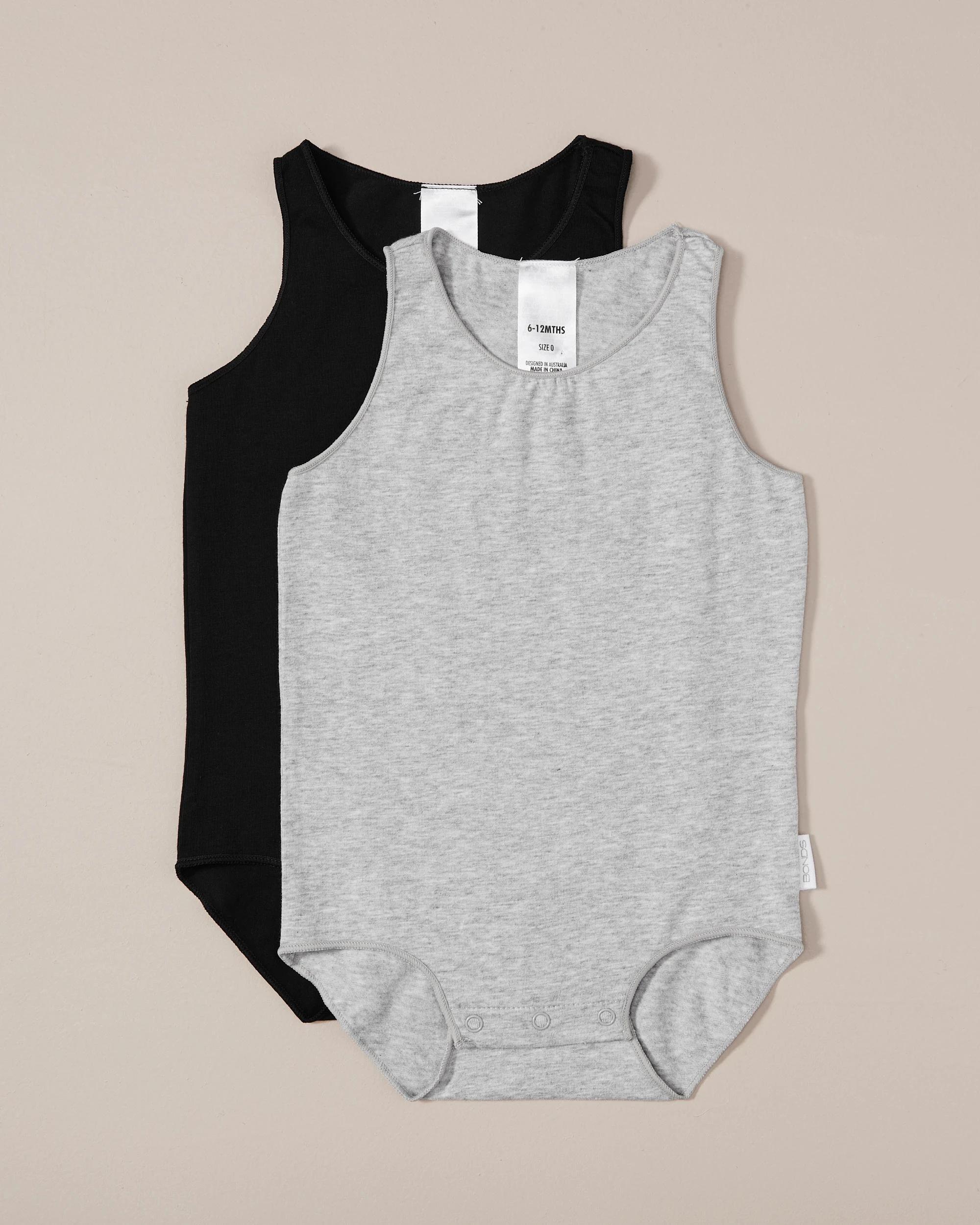 1 2 Pack Bonds Baby Wonderbodies Singletsuit GREY/BLACK, 1 of 9