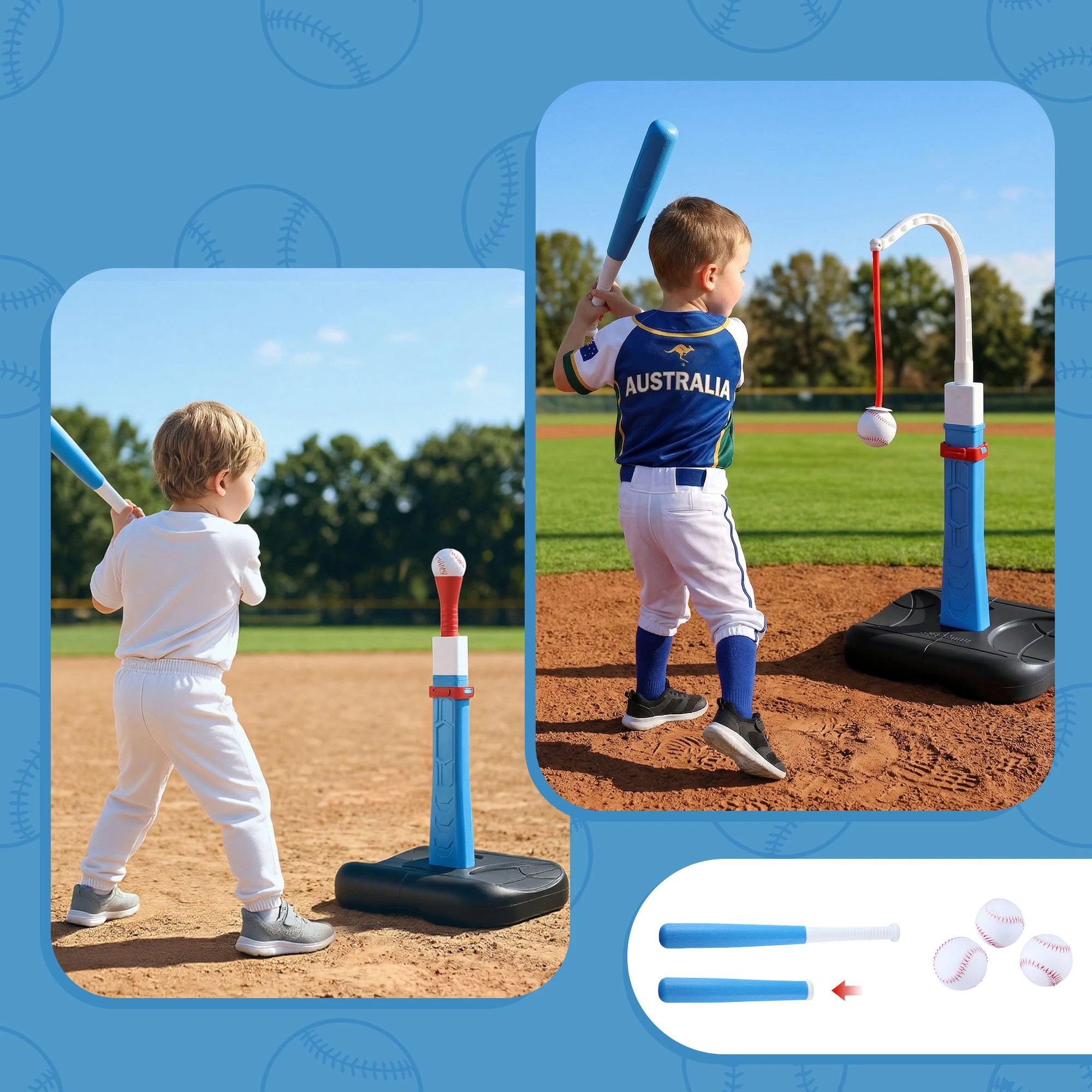 6 Keezi Kids Basketball Hoop Stand Baseball Set Adjustable Height Sports Center Toys - Blue, 6 of 8