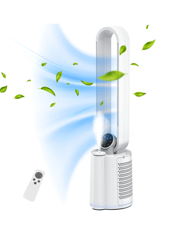 Advwin Bladeless Tower Fan with Humidifier, with 80°Oscillation, 8H Timer, 12-Speed, Auto