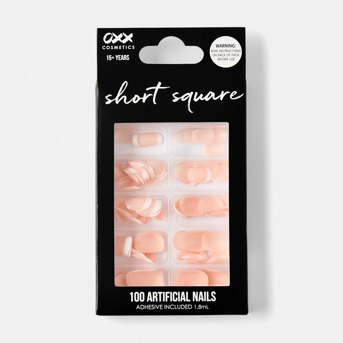 1 OXX Cosmetics 100 Pack Artificial Nails with Adhesive - Short Square Shape, French Tip, 1 of 4