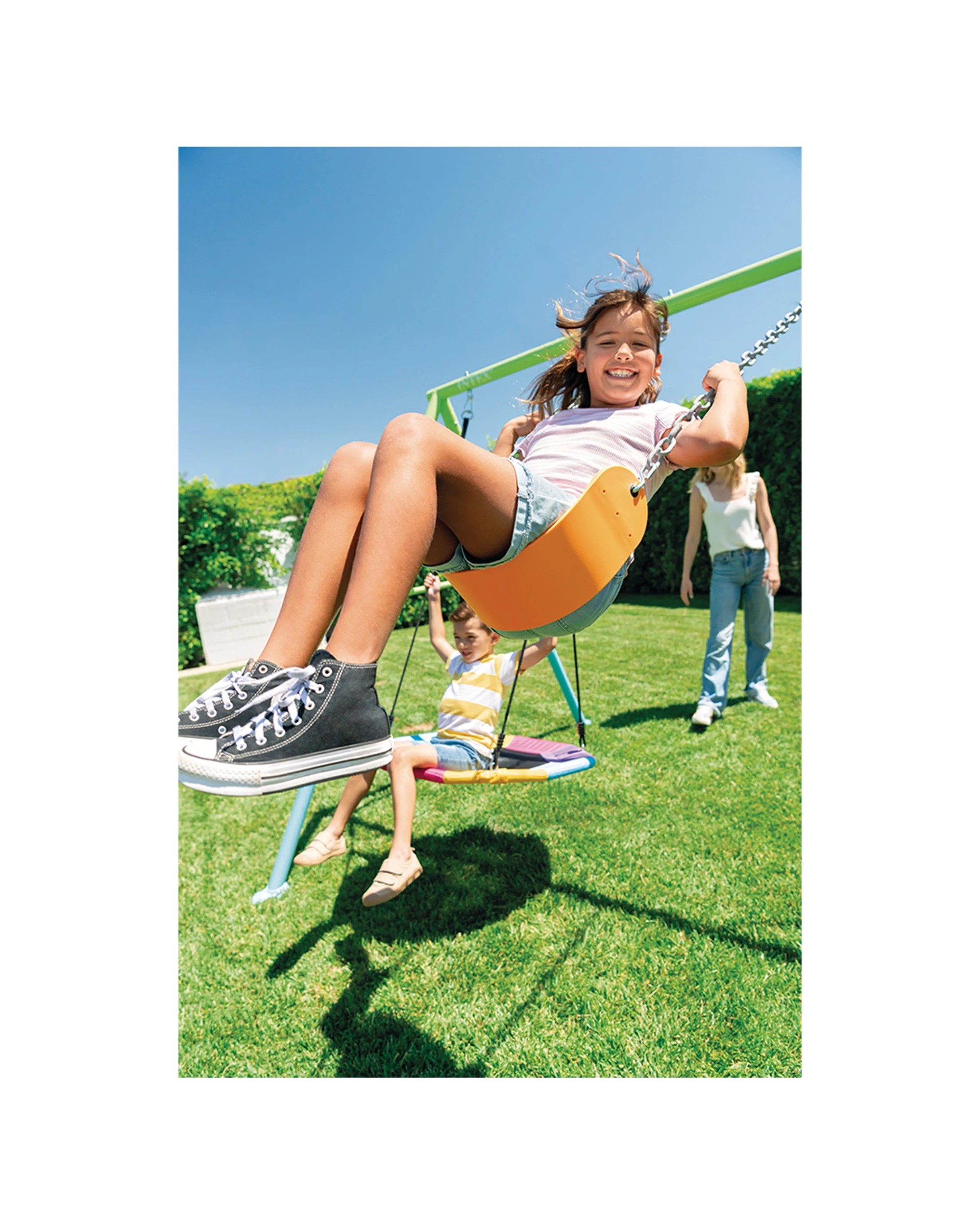 3 Intex Three Feature Steel Frame Kids Swing Set Backyard 3 Years Plus Saucer Glider - Green, 3 of 4