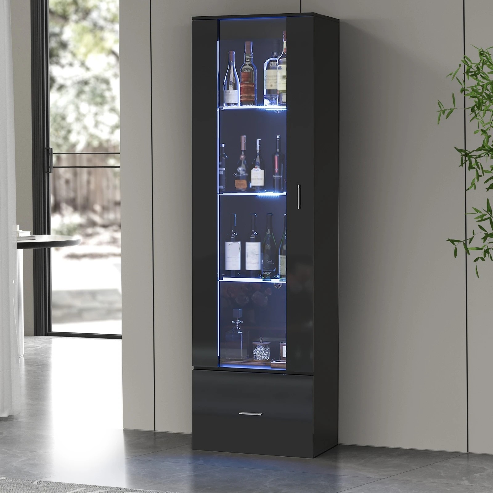 2 Oikiture Display Cabinet Buffet Sideboard LED Light Cupboard- Black, 2 of 10