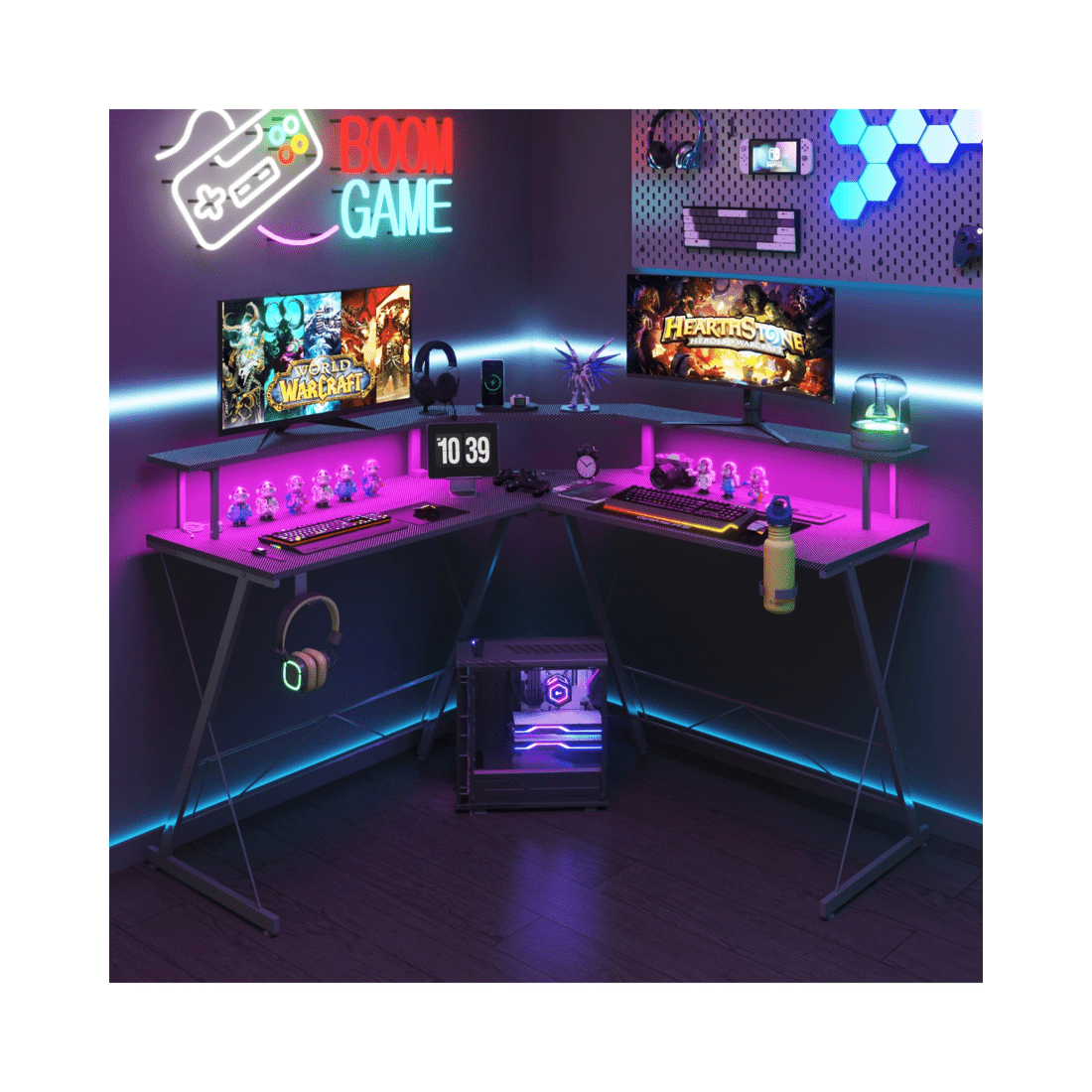 10 Advwin 126cm L Shaped Gaming Desk With Led Lights & Power Outlets Computer Desk Black, 10 of 10