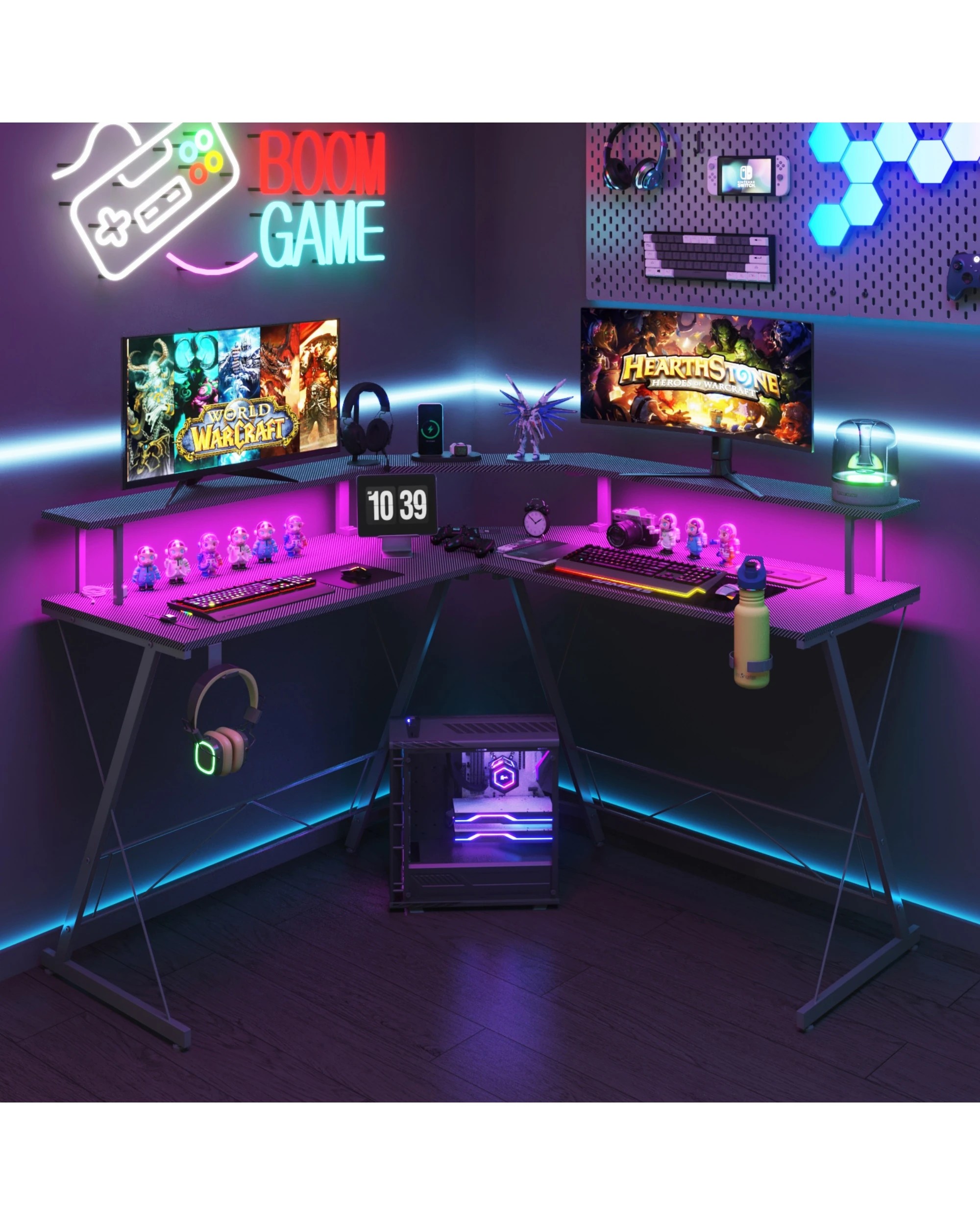 9 Advwin 126cm L Shaped Gaming Desk With Led Lights & Power Outlets Computer Desk Black, 9 of 9