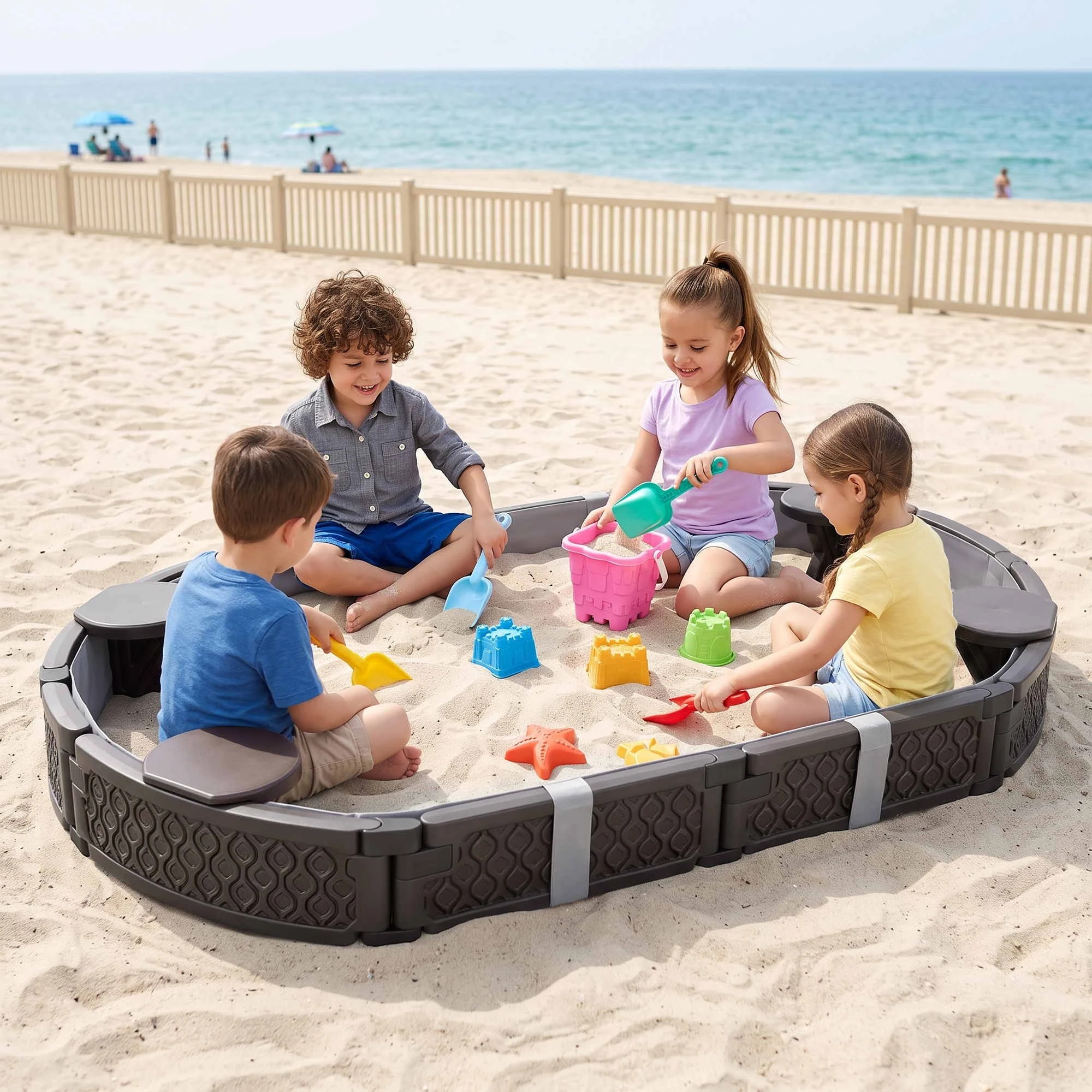 3 Keezi Kids Oval Outdoor Sandpit Toys with 4 Seats and Grey Liner Cloth - Brown, 3 of 8