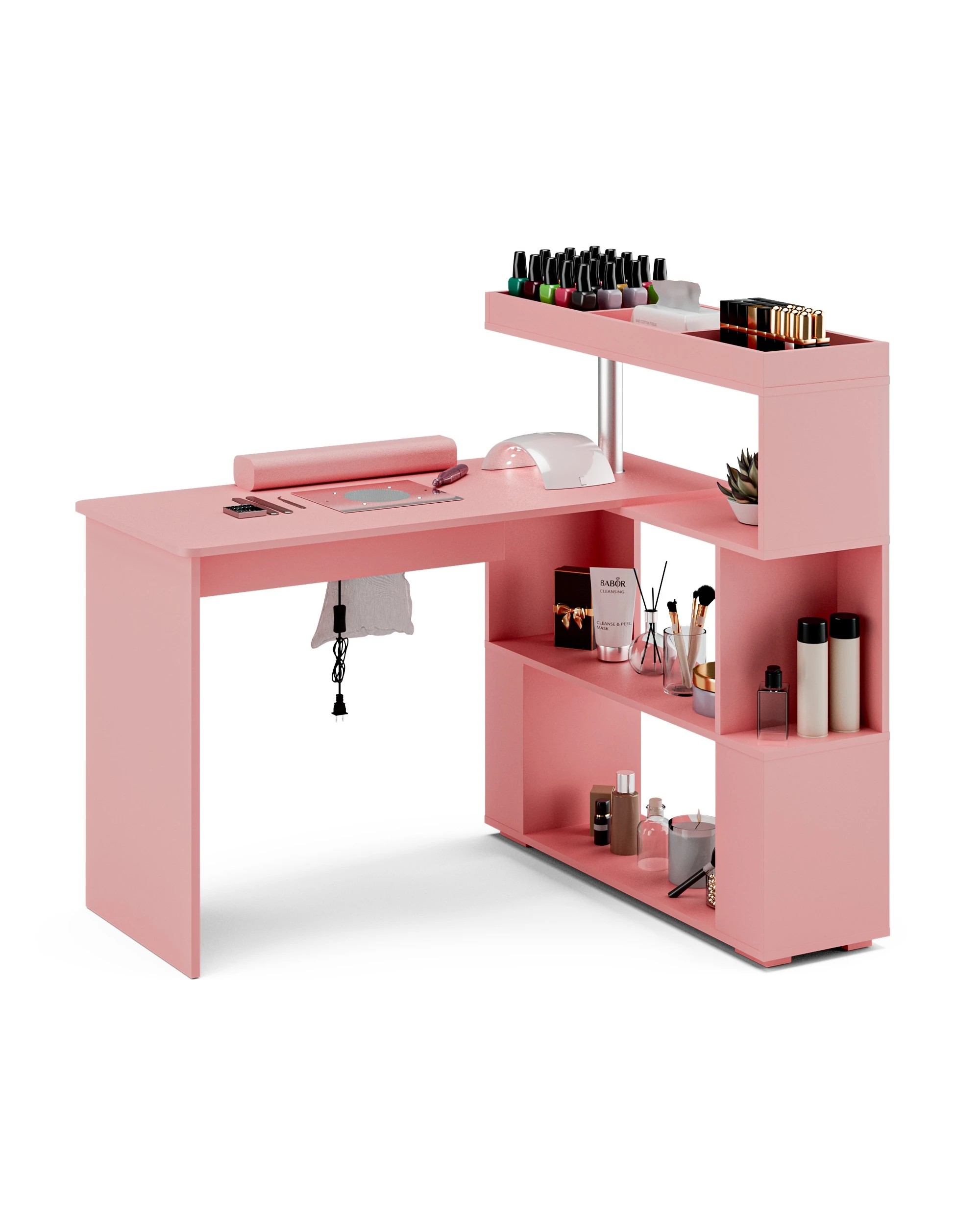 3 Advwin Manicure Table Dressing Nail Tech Desk with Dust Collector Rotating Reversible L-Shaped Salon Workstation - Pink, 3 of 8