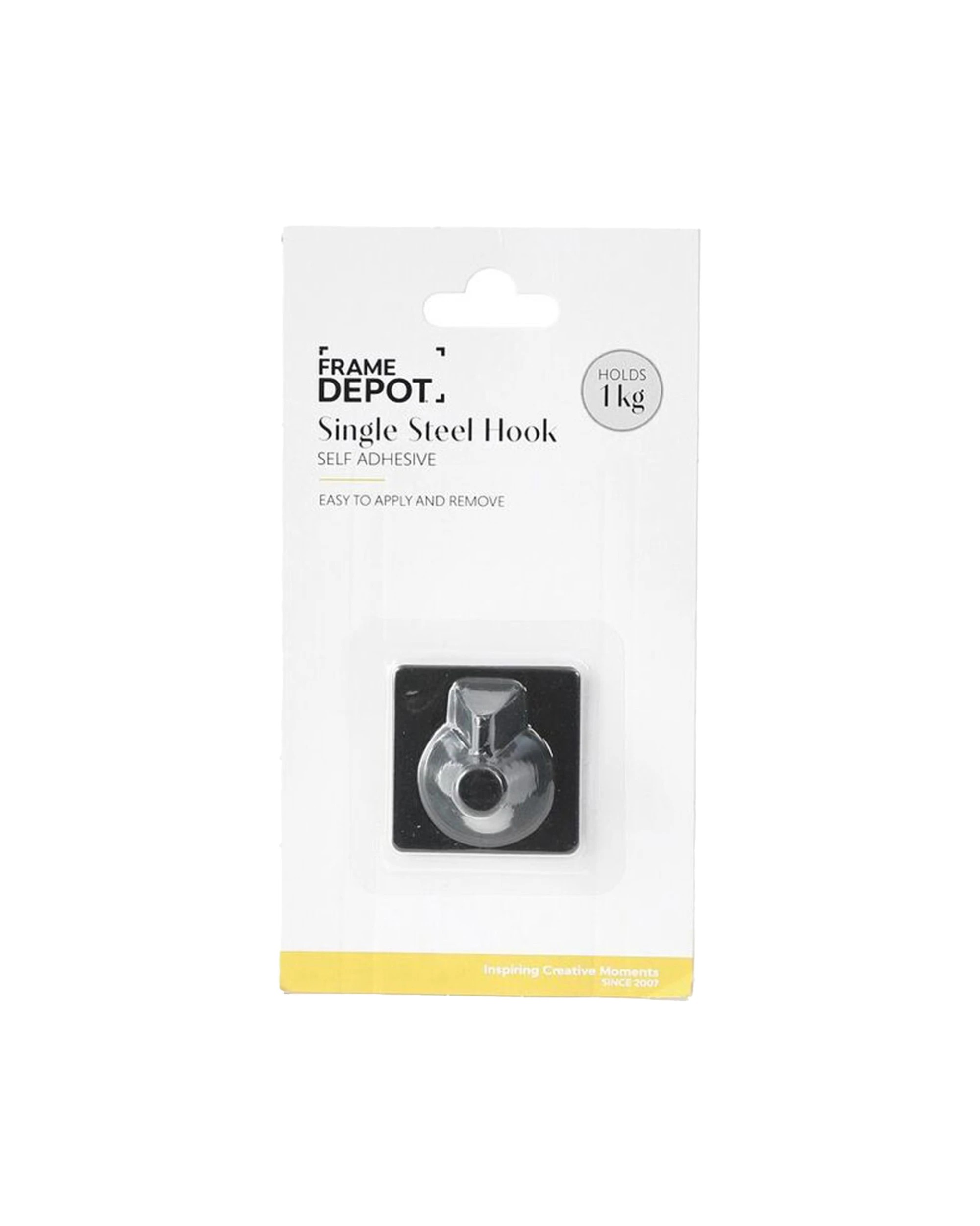 1 Frame Depot Single Steel Self Stick Hook Self Adhesive Holds 1kg - Black, 1 of 1