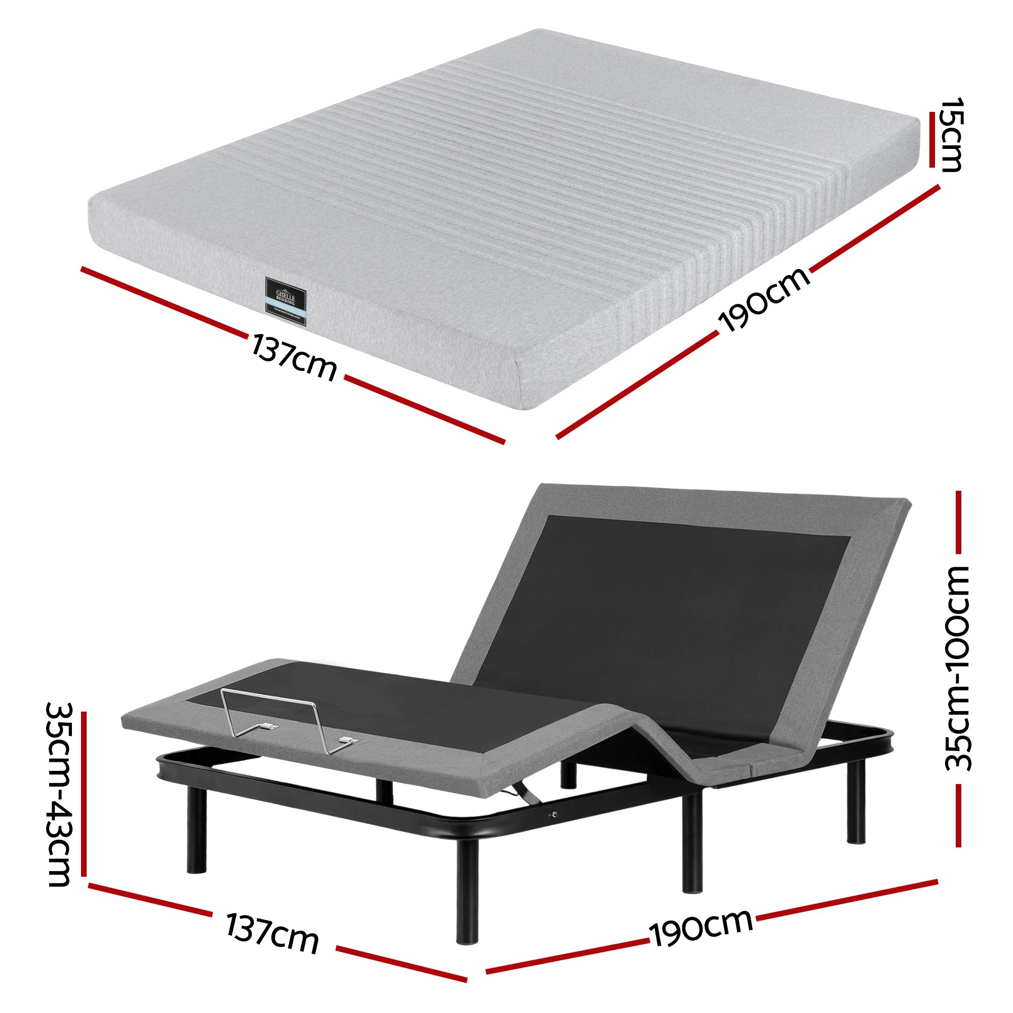 2 Artiss Double Electric Adjustable Beds and Giselle Memory Foam Mattress Bundle - Multi, 2 of 10
