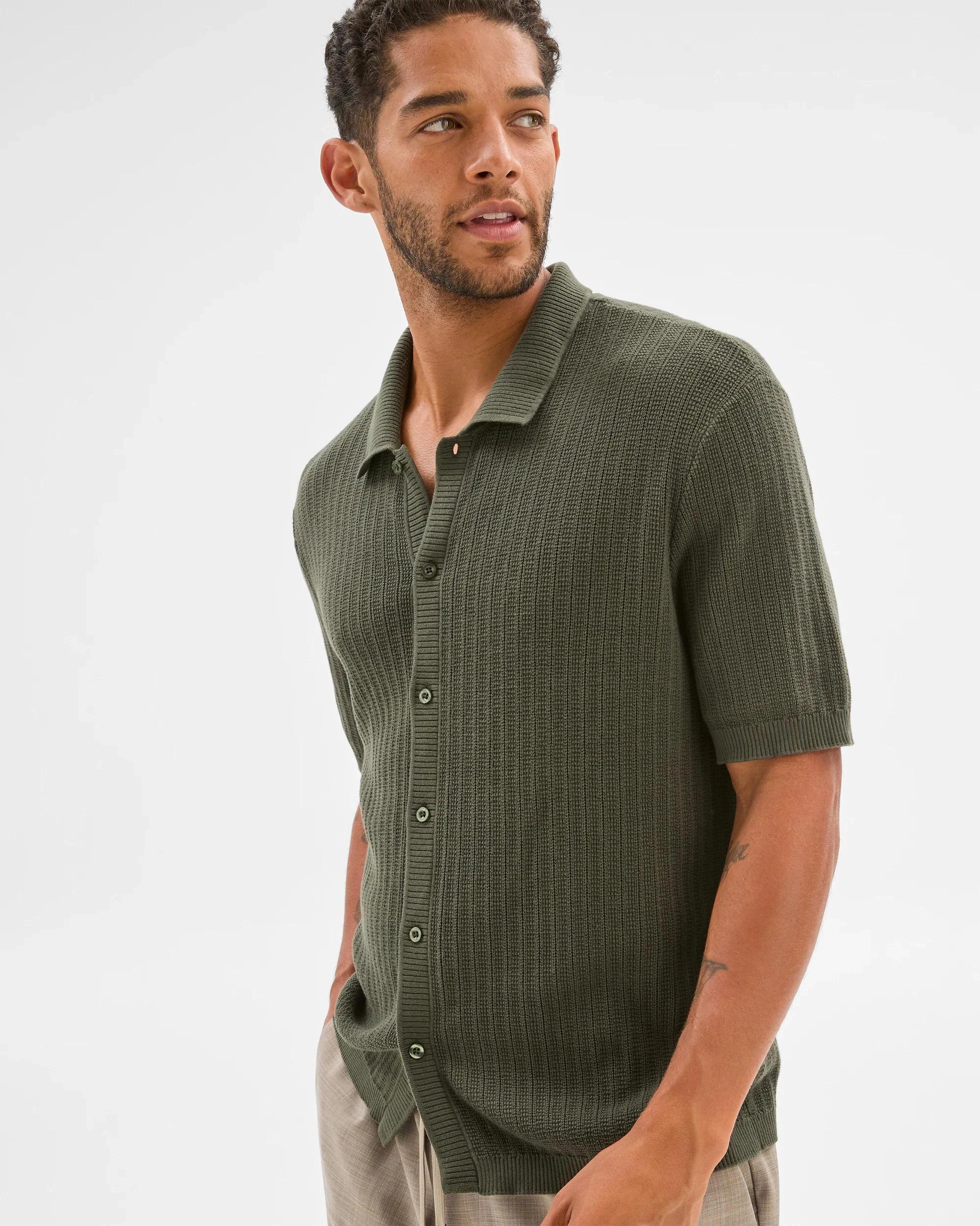 2 Australian Cotton Textured Stripe Knit Shirt - Preview KHAKI, 2 of 6