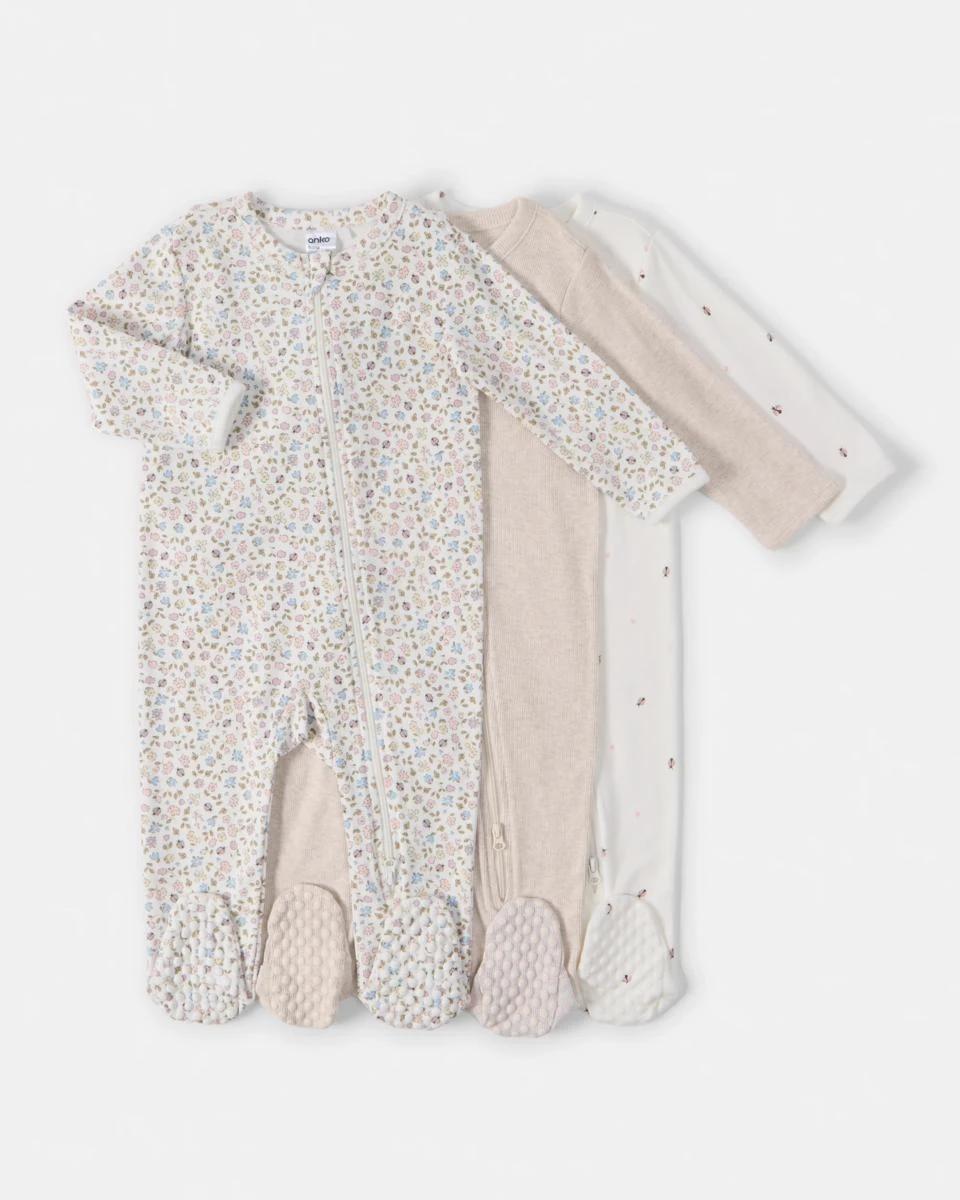 1 3 Pack Australian Cotton Coveralls Wht Florl, 1 of 5