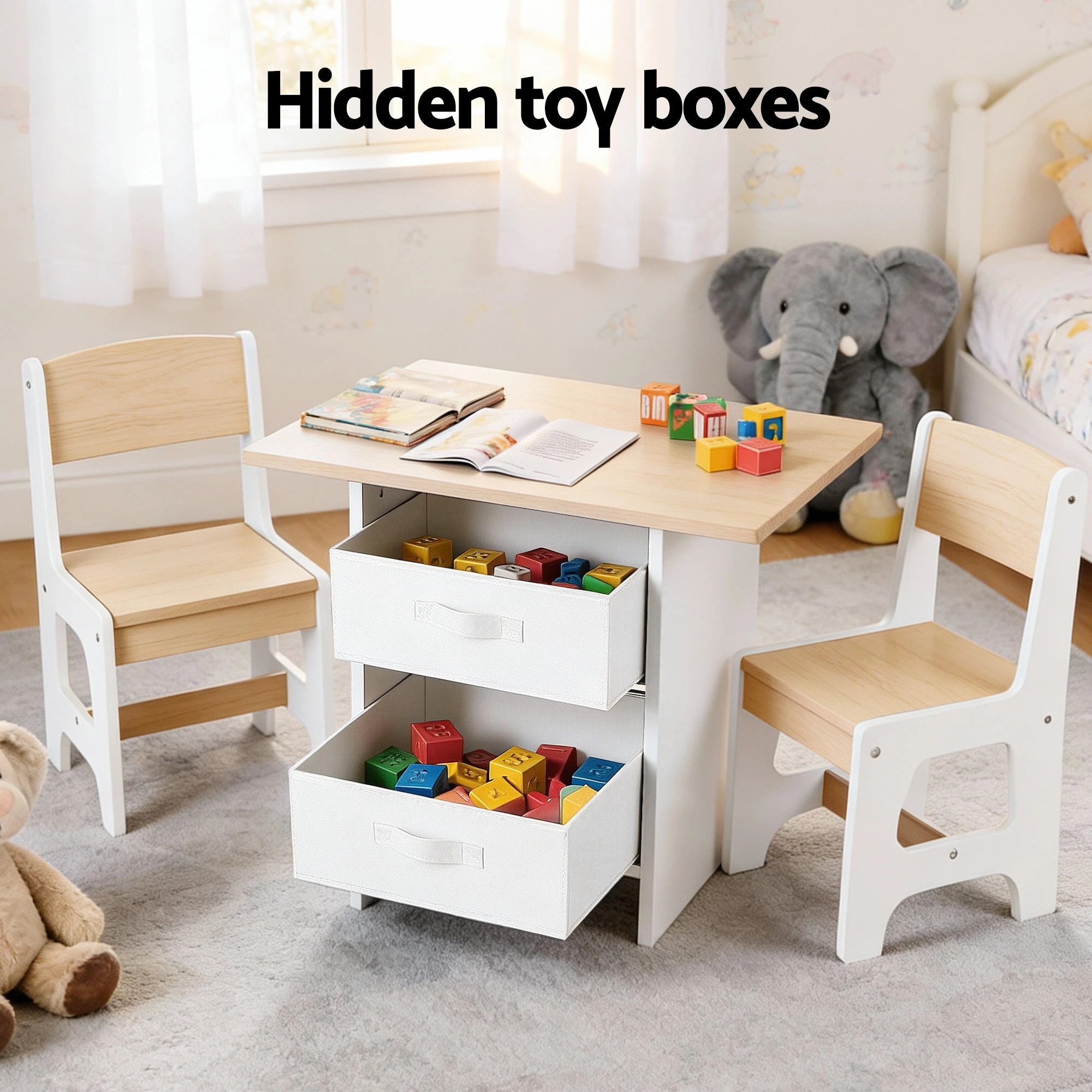 4 Keezi Kids Table and 2 Chairs Set Wooden Activity Table wit 2 Storage Drawers - Natural, 4 of 4